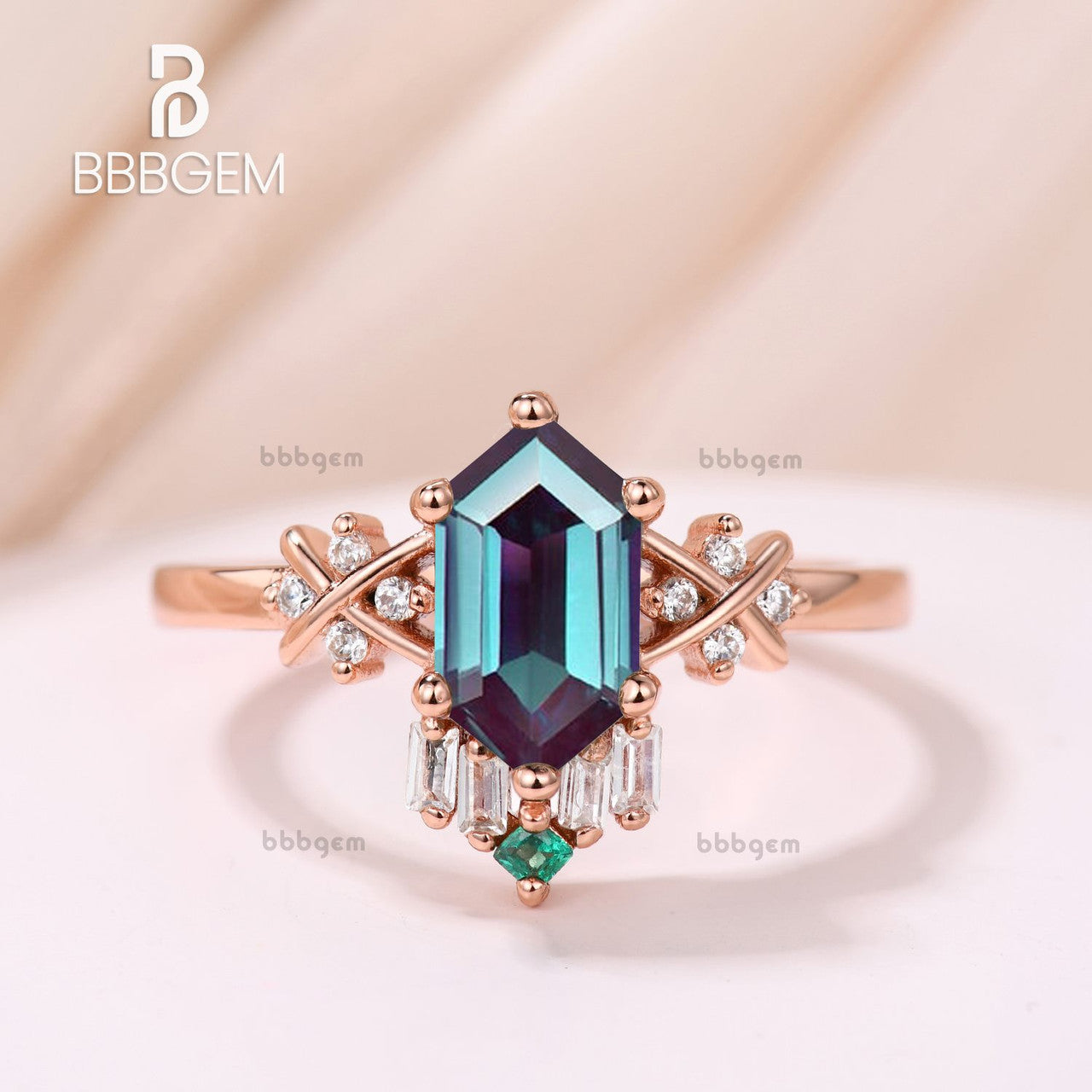 14K Rose Gold Long Hexagon Cut Lab Created Alexandrite Wedding Band Set with Elongated Alexandrite & Diamond Accents - Perfect for Engagement Rings, Anniversary Gifts & Bridal Jewelry
