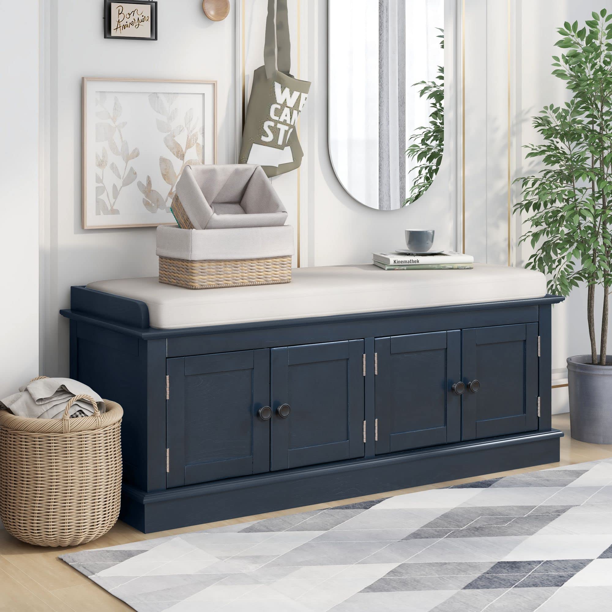 Merax 4-Door Storage Bench with Adjustable Shelves & Removable Cushion - Entryway Shoe Bench for Living Room, Hallway, Bedroom - Antique Navy Home Organization Furniture for Shoes, Blankets & Seasonal Items