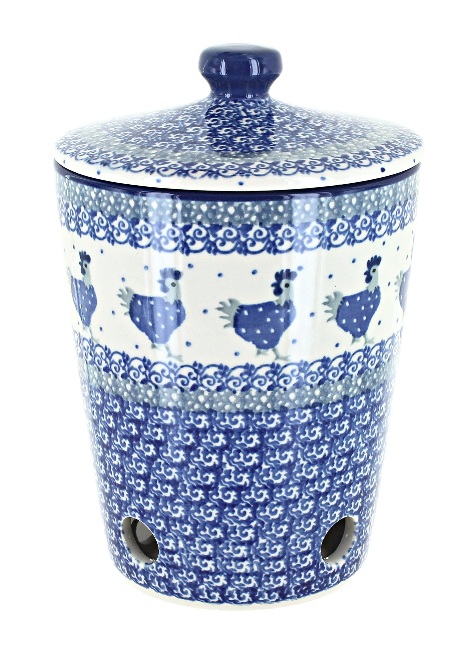 Handmade Blue Rose Polish Pottery Barnyard Rooster Garlic Keeper - Rustic Farmhouse Kitchen Decor for Fresh Garlic Storage & Countertop Display