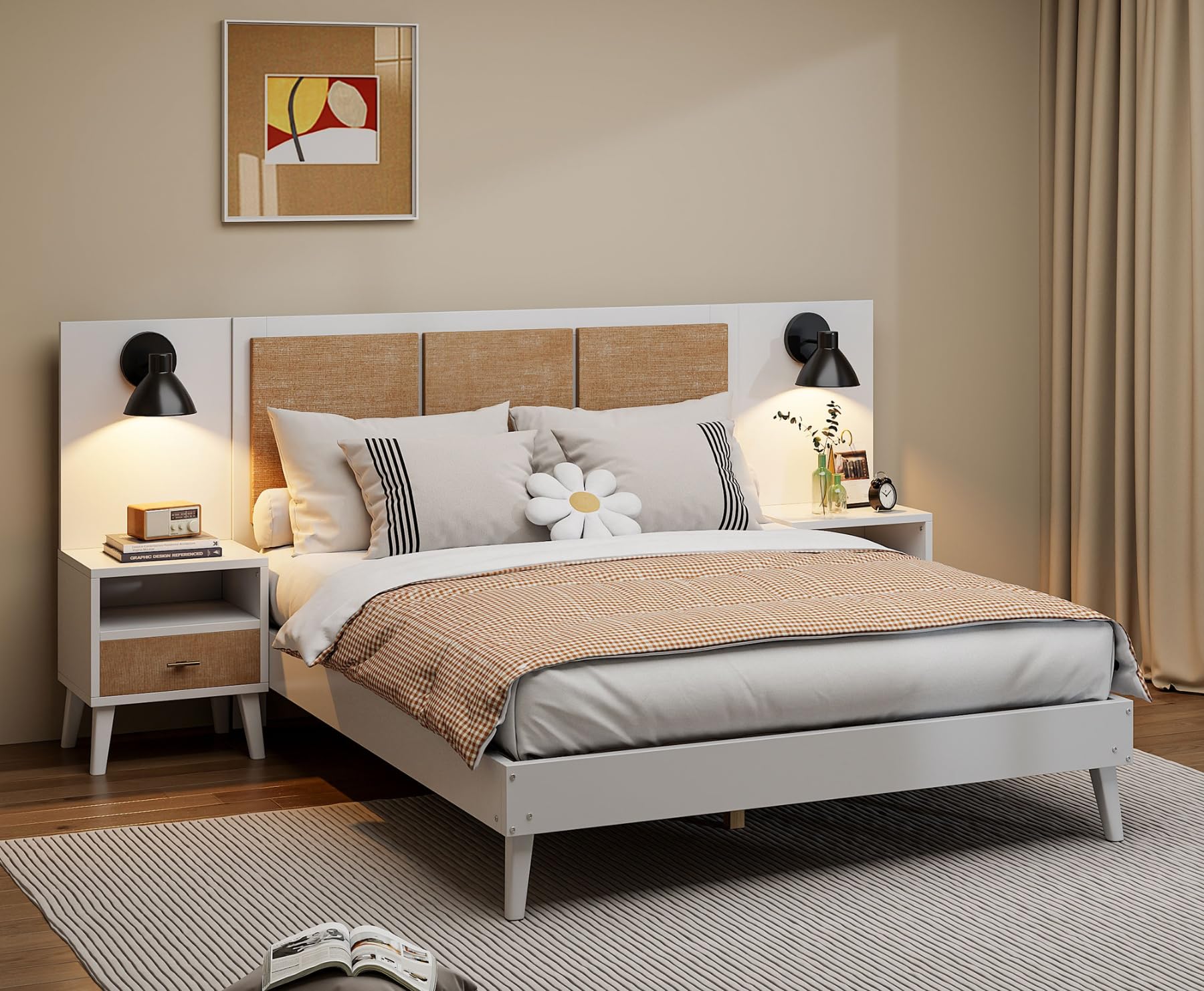 Merax Queen Size Bed Frame with 2 Nightstands & Headboard - Solid Wood & Rattan Platform Bed with Storage Drawers, No Box Spring Needed (White) - Perfect for Modern Bedroom, Guest Room or Small Space
