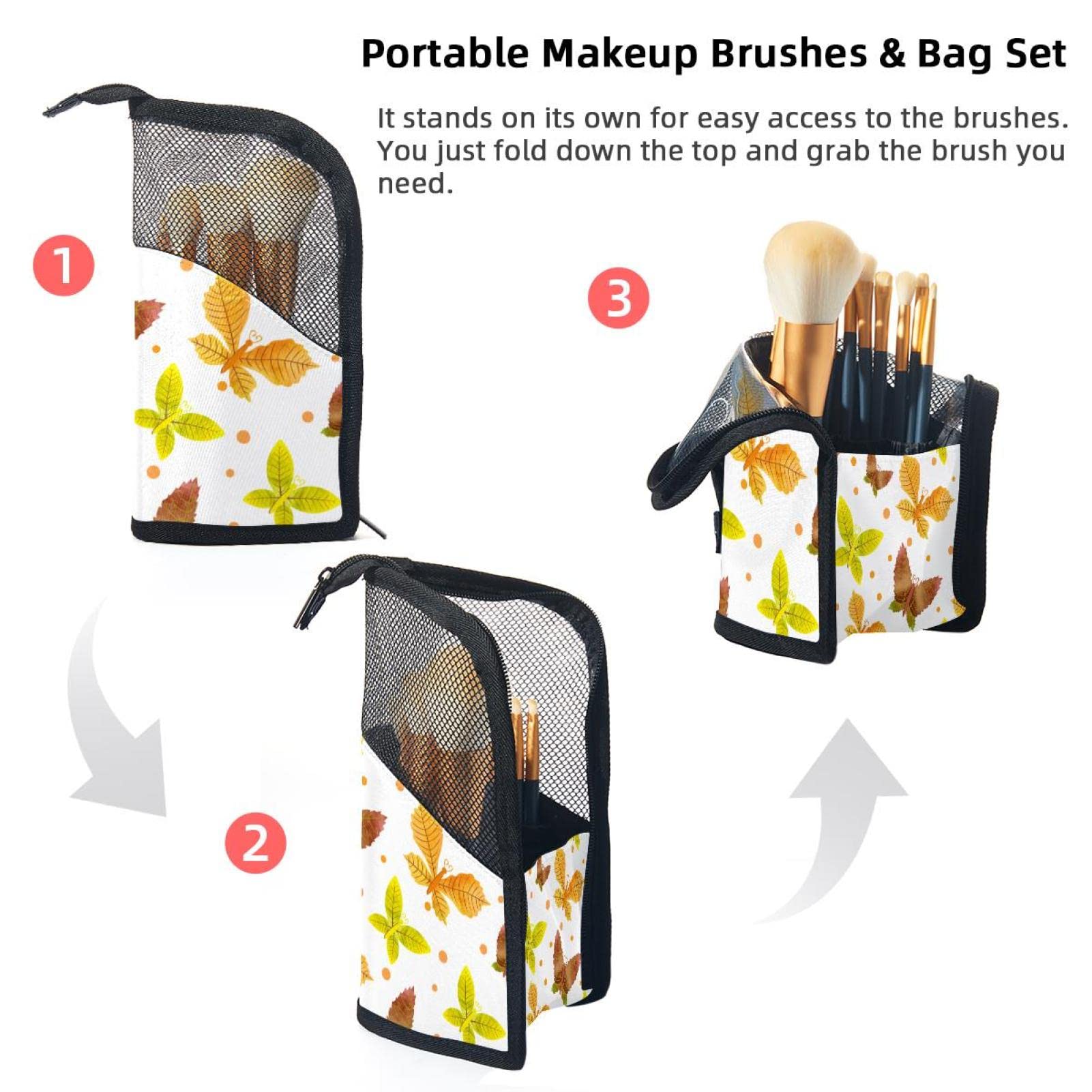 12-Piece Makeup Brush Organizer Bag with Watercolor Butterflies Design - Portable Travel Cosmetic Brush Holder Case for Professional Makeup Artists & Beginners (Autumn Leaves Pattern) - Perfect for Home, Travel & Salon Use