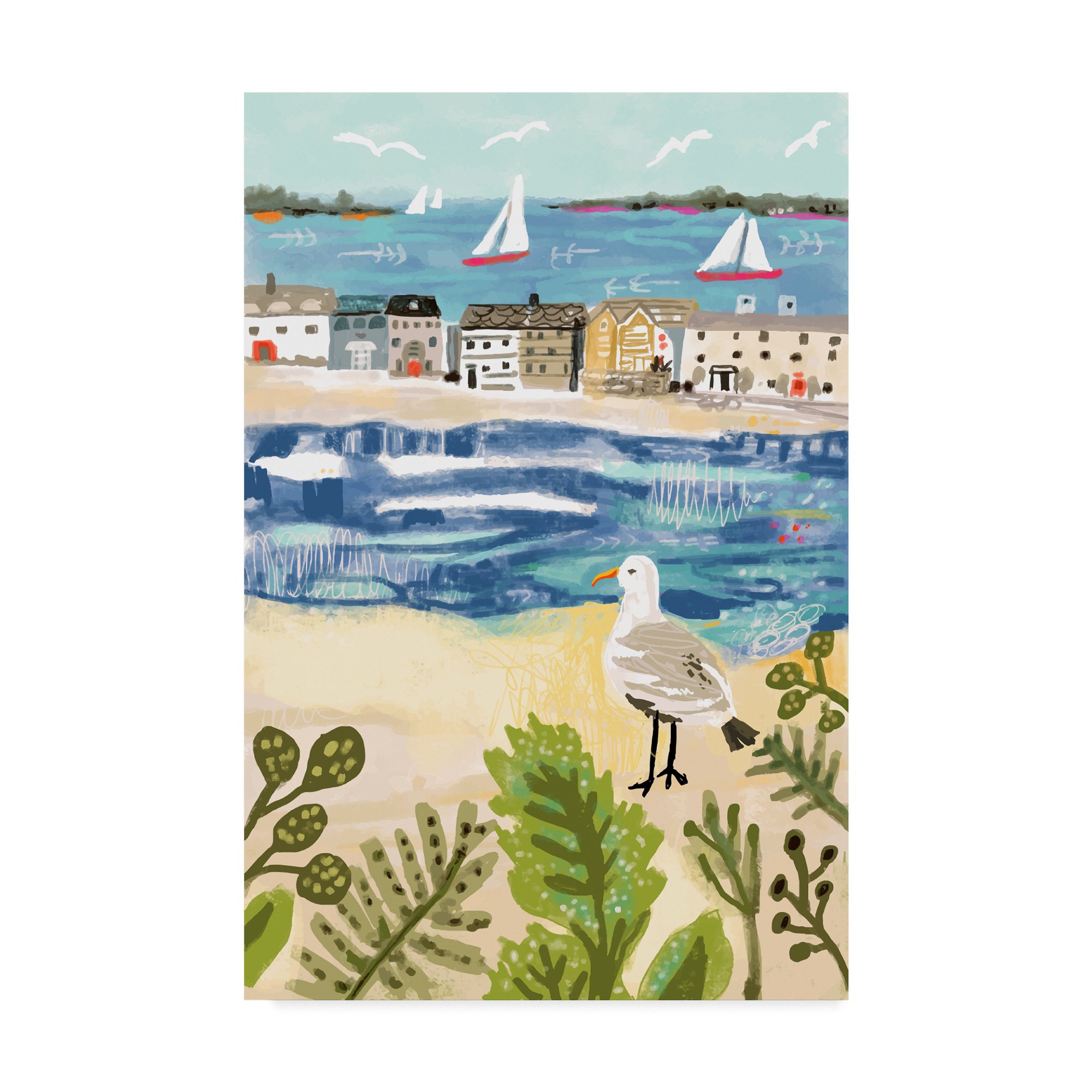 Birds In Beach Town by Karen Fields - 30x47 Inch Coastal Wall Art Decor for Living Room, Bedroom, or Beach House