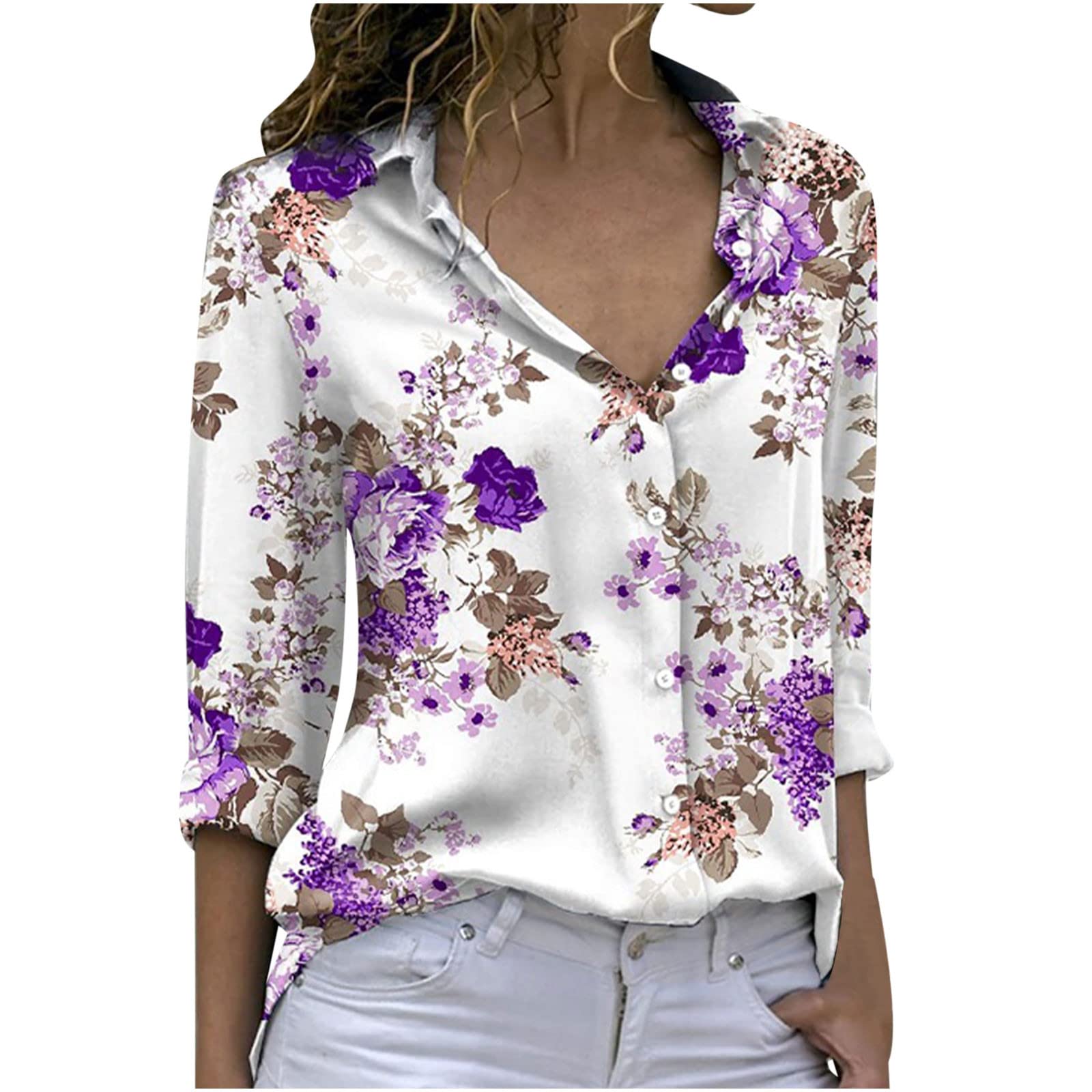 Women's Summer Floral Button Down Shirts - V Neck Long Sleeve Casual Blouses for Work, Office & Outdoor Activities