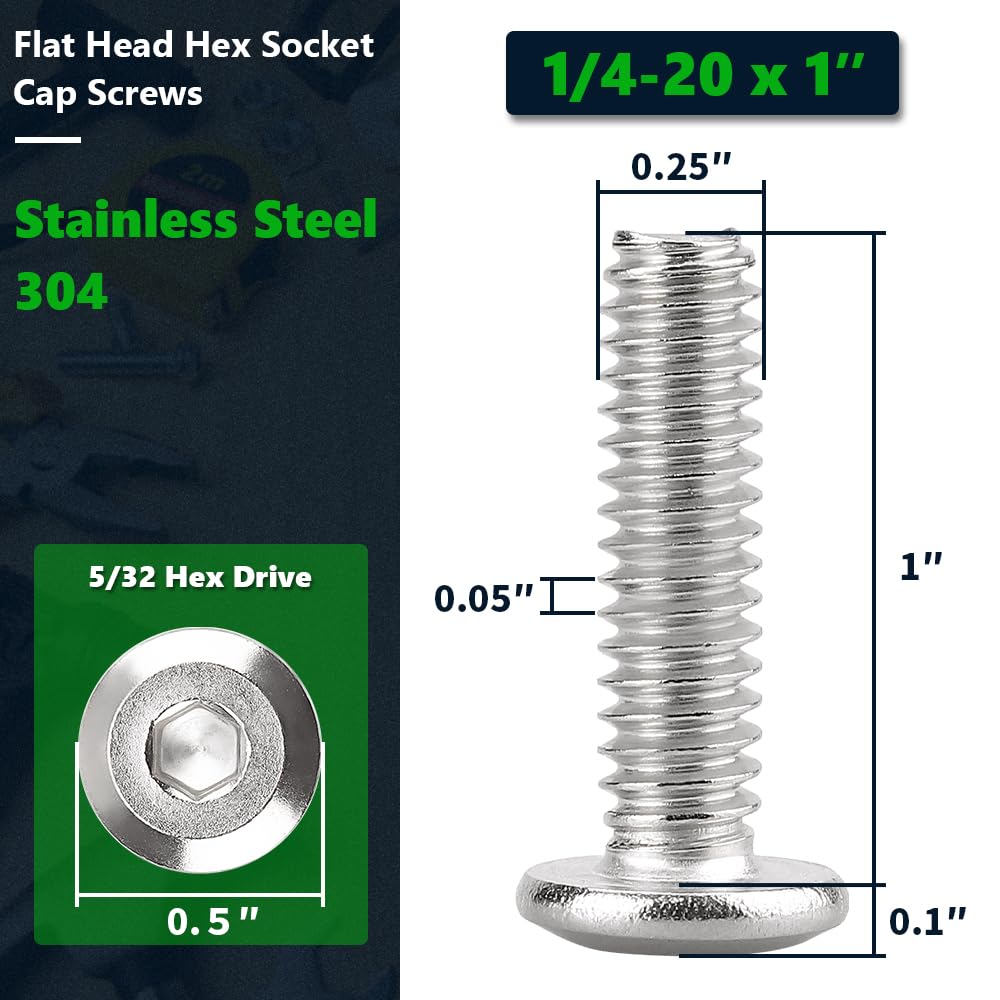 1/4-20 x 1 Inch (30 PCS) 304 Stainless Steel 18-8 Flat Head Socket Cap Screws - Full Thread Binding Bolts for Furniture Assembly, DIY Projects & Metal Connections
