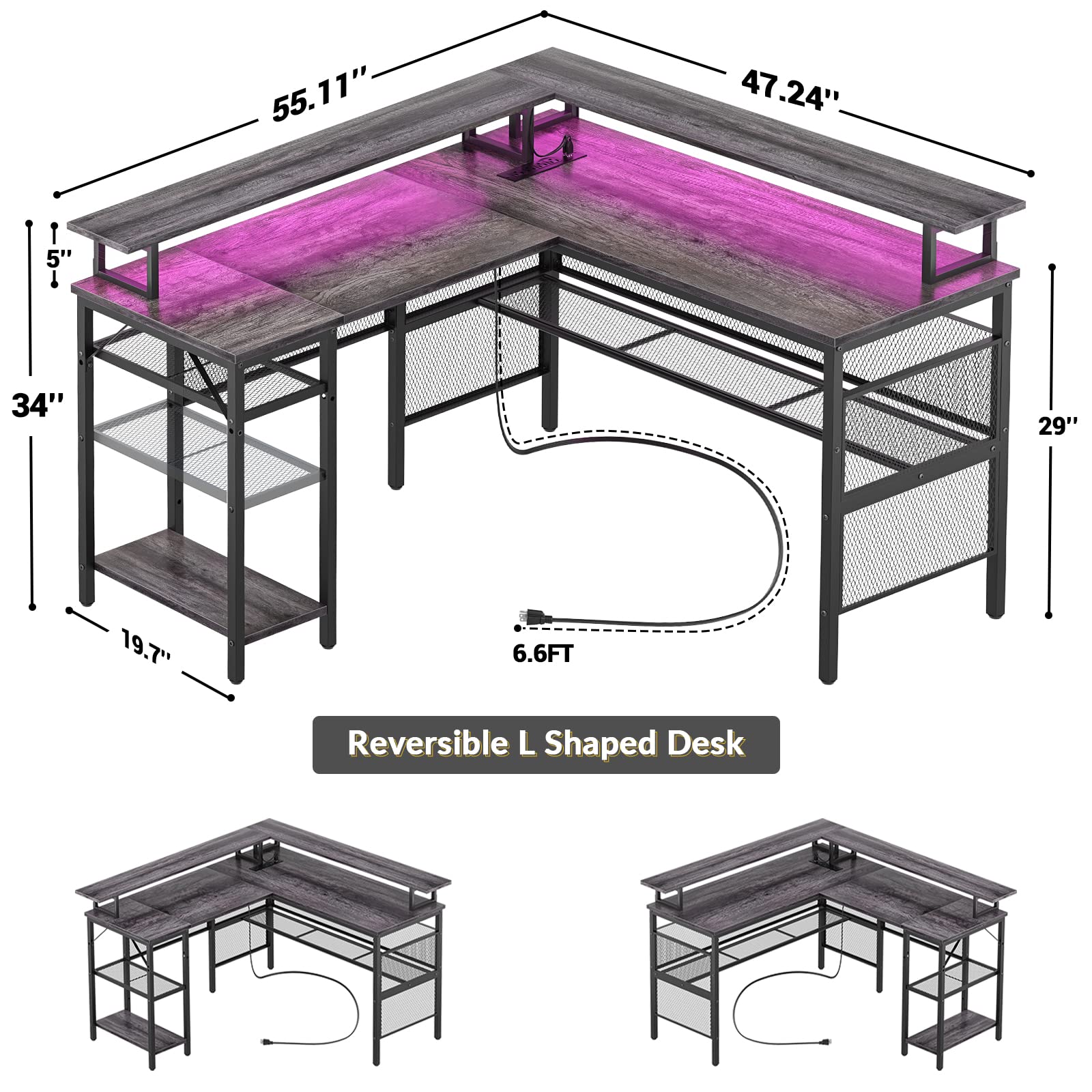 L-Shaped Computer Desk with Power Outlet & LED Strip - Reversible Corner Gaming Desk with Monitor Stand & Storage Shelf | Ergonomic 2-Person Home Office Workstation in Black Oak | Perfect for Small Spaces, Gaming Setups & Shared Workspaces