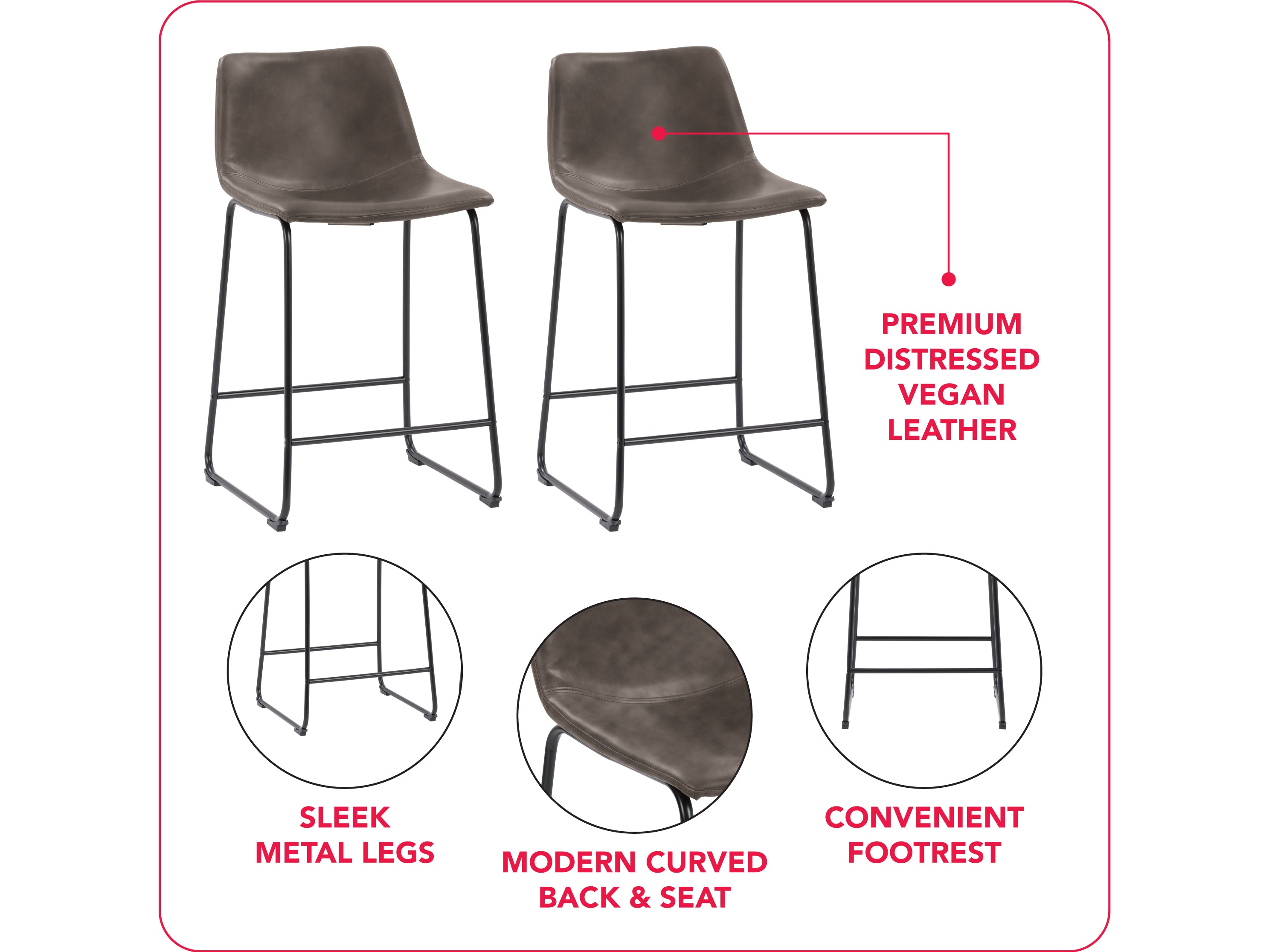 Modern Grey Metal Bar Stools Set of 2 - Industrial Style Counter Height Stools with Backrest for Kitchen Island, Breakfast Bar & Home Pub Decor
