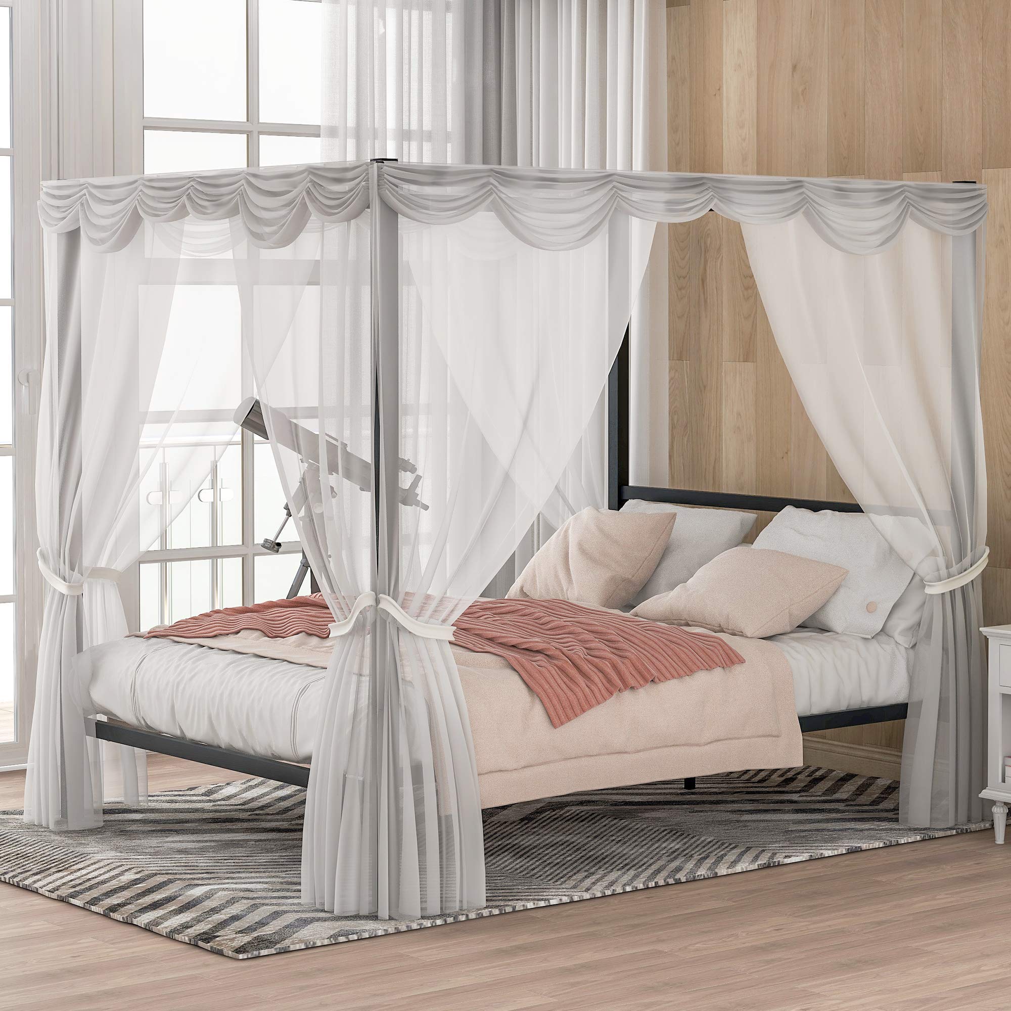 Queen Size Metal Canopy Bed Frame with Built-in Headboard - 4-Post Platform Bed with Mosquito Net Support, No Box Spring Required (Black) | Perfect for Bedroom Decor, Guest Rooms & Bohemian Style Homes