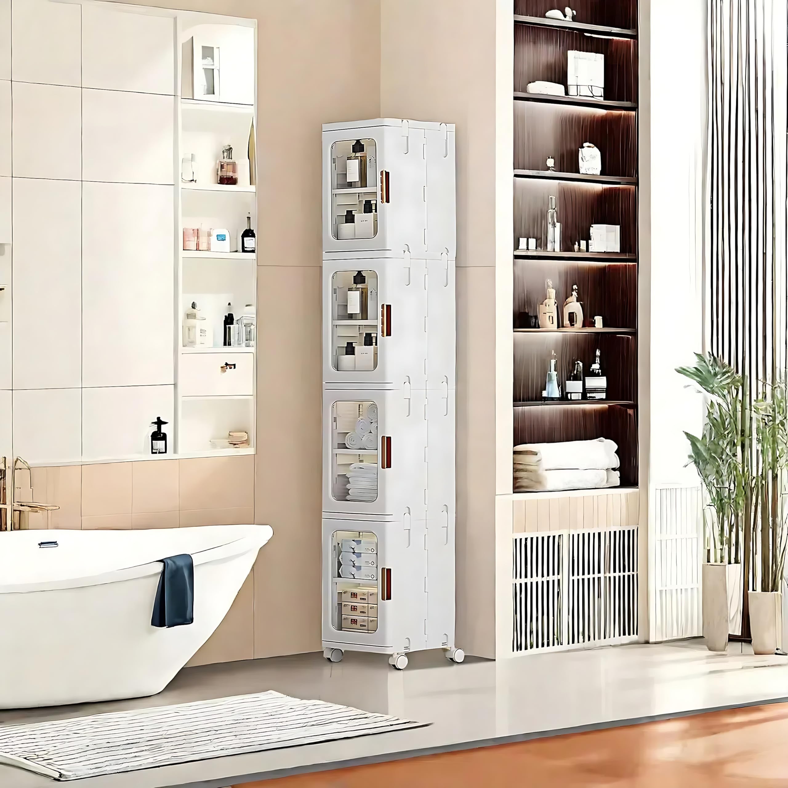 4-Tier Slim Tall Bathroom Storage Cabinet with Adjustable Shelves & Doors - Freestanding Narrow Linen Organizer for Small Spaces, Laundry Room & Bathroom Organization | Perfect for Towels, Toiletries & Cleaning Supplies