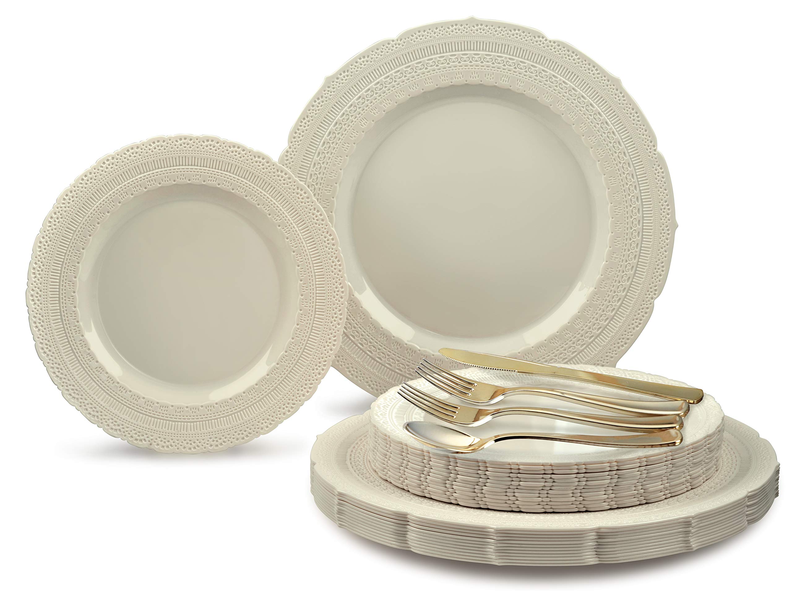 150-Piece Premium Vintage Wedding Dinnerware Set - Heavyweight Disposable/Reusable Plastic Plates (25x11'' + 25x8.25'') + Silverware - Ivory Chateau Collection for Wedding, Party & Special Events