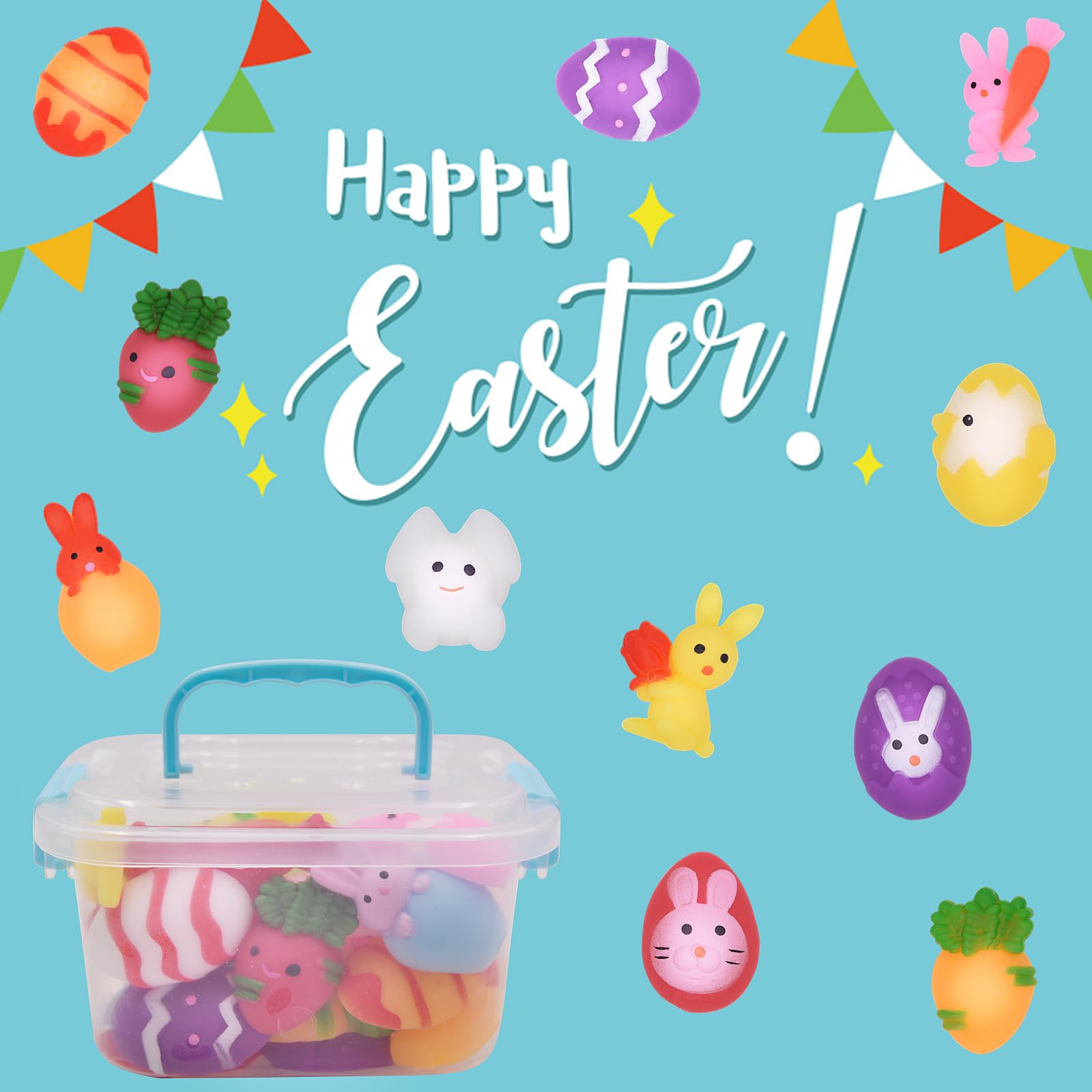 24 PCS Easter Mochi Squishy Toys - Soft Stress Relief Squishies for Kids, Boys & Girls - Easter Basket Stuffers, Party Favors, Classroom Prizes & Sensory Play Gifts (Cute Bunny & Egg Designs)