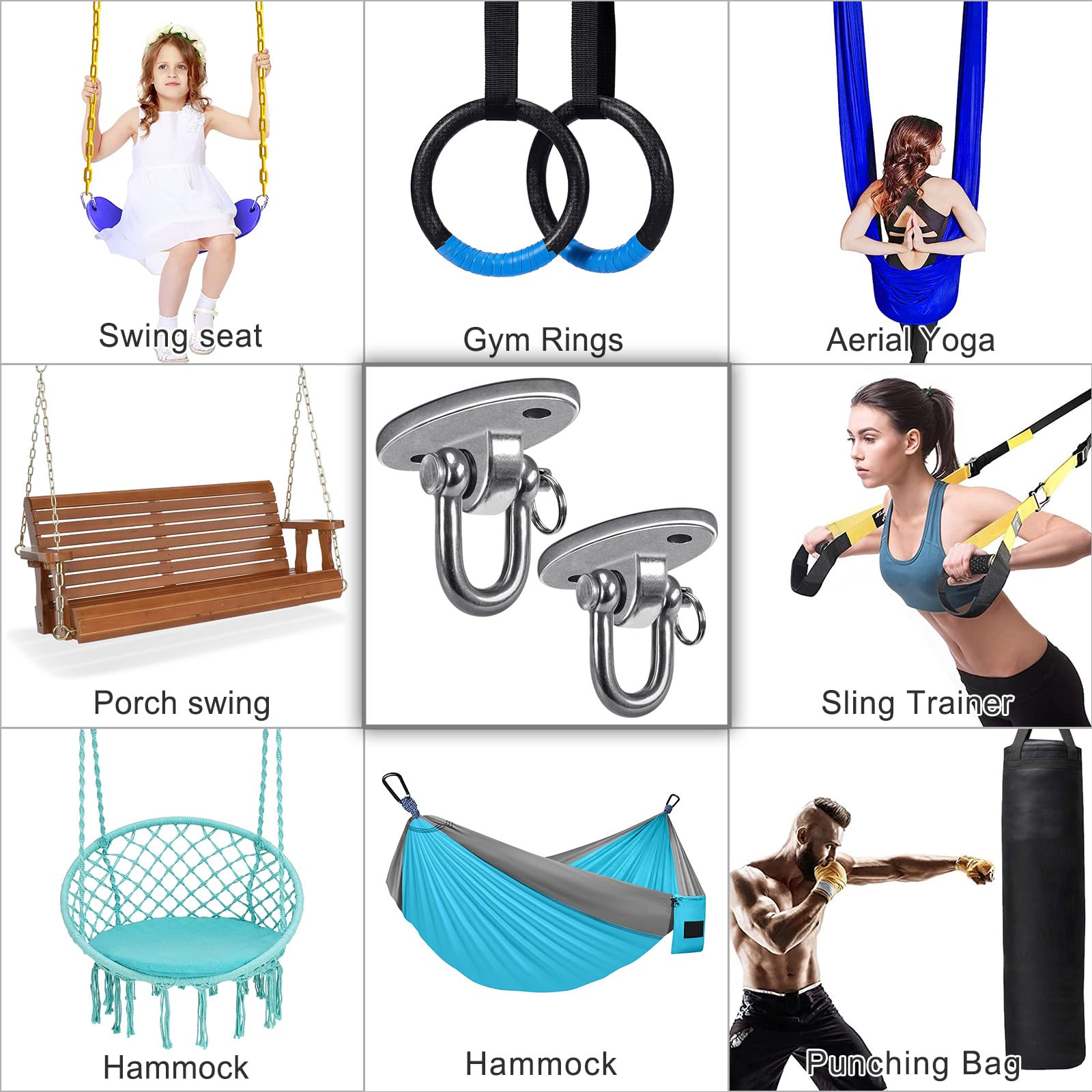 SELEWARE 2 Pack 2000 lb Capacity Heavy Duty Stainless Steel Swing Hangers - 180° Rotation Hooks for Concrete Ceiling & Wooden Beams - Perfect for Porch, Playground, Hammock, Gym & Swing Sets Installation