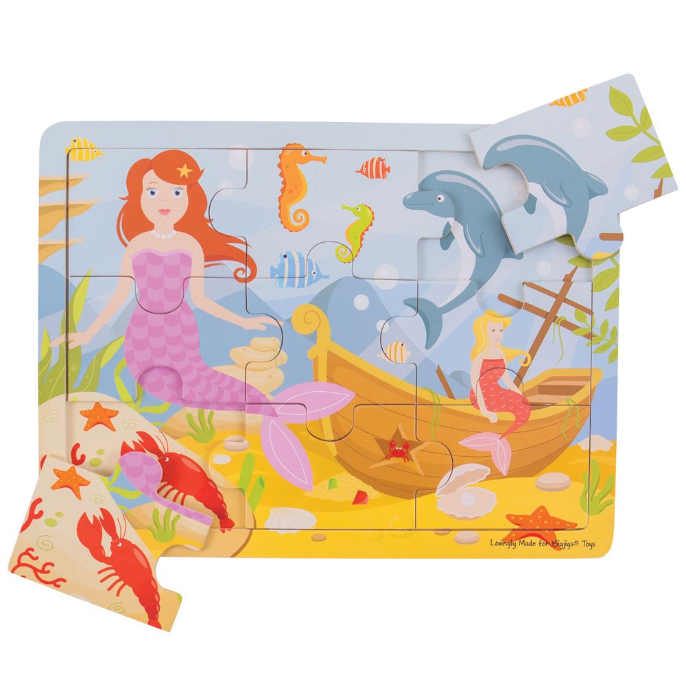 Bigjigs Toys Wooden Tray Puzzle - Mermaid Theme, 24-Piece Educational Puzzle for Kids Ages 3+, Perfect for Preschool Learning, Birthday Gifts & Ocean-Themed Playtime