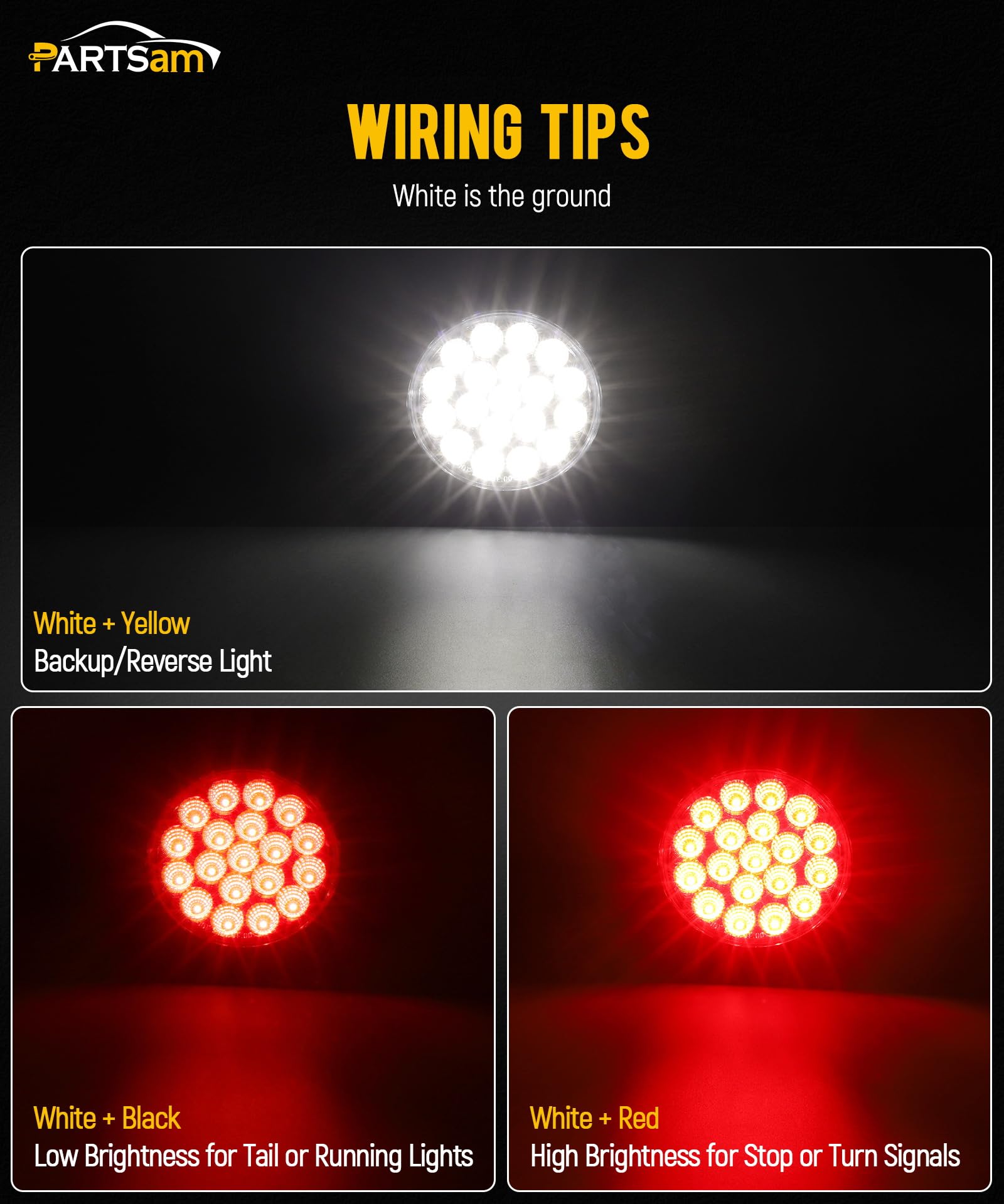Partsam 2Pcs 4 Inch Round Red LED Stop Turn Tail Lights & White Backup Lights Kit - 19 Diodes with Rubber Grommets & 3-Prong Wire Pigtails - Waterproof LED Truck Trailer Lights for Heavy Duty Vehicles, RVs, Boats & Trailers - Perfect for Replacement & Custom Builds