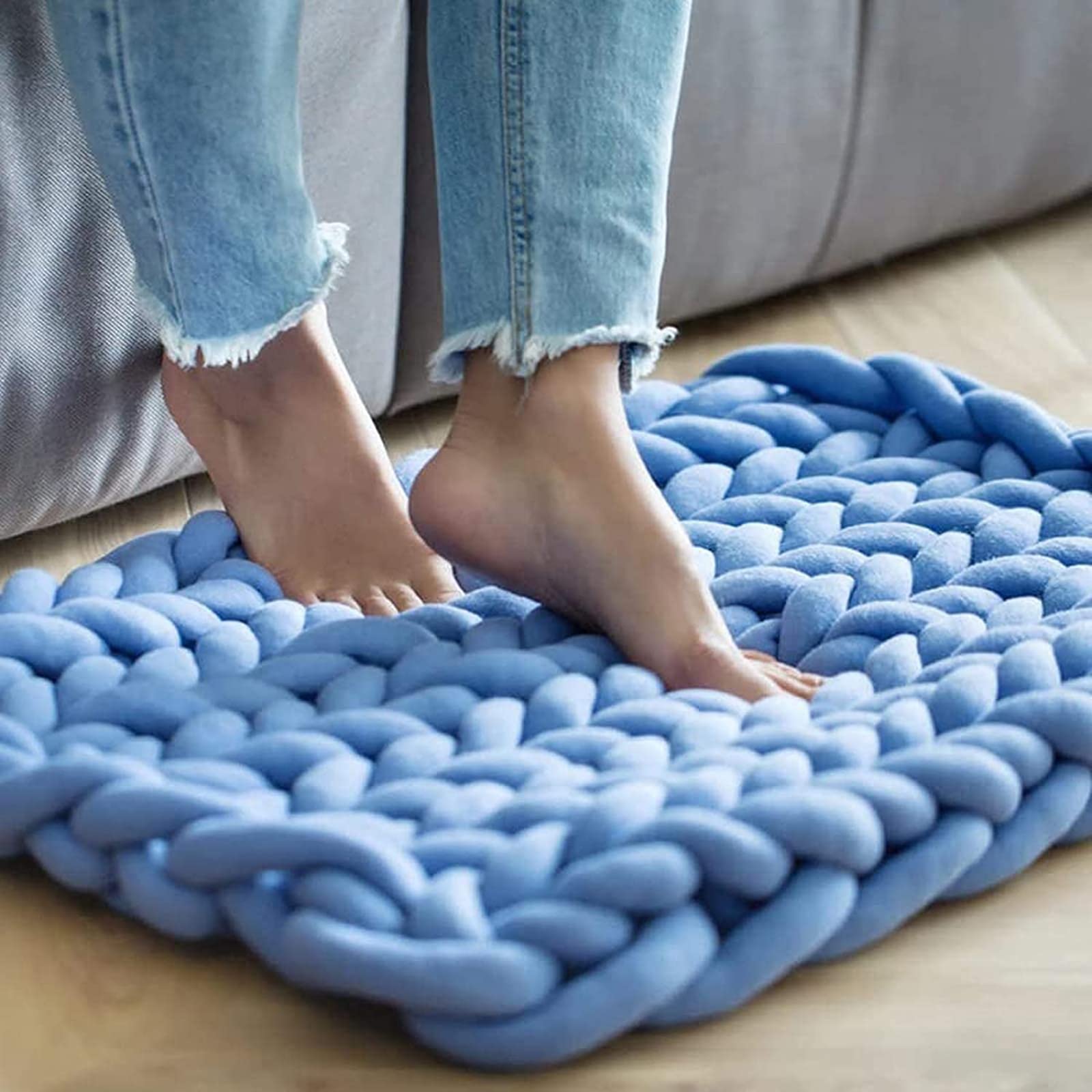 Chunky Knit Blanket - Soft Coarse Knitted Wool Throw for Sofa, Bed, Yoga & Home Decor - 100x100cm Blue - Perfect for Cozy Nights, Gifts & Boho Style Living Room