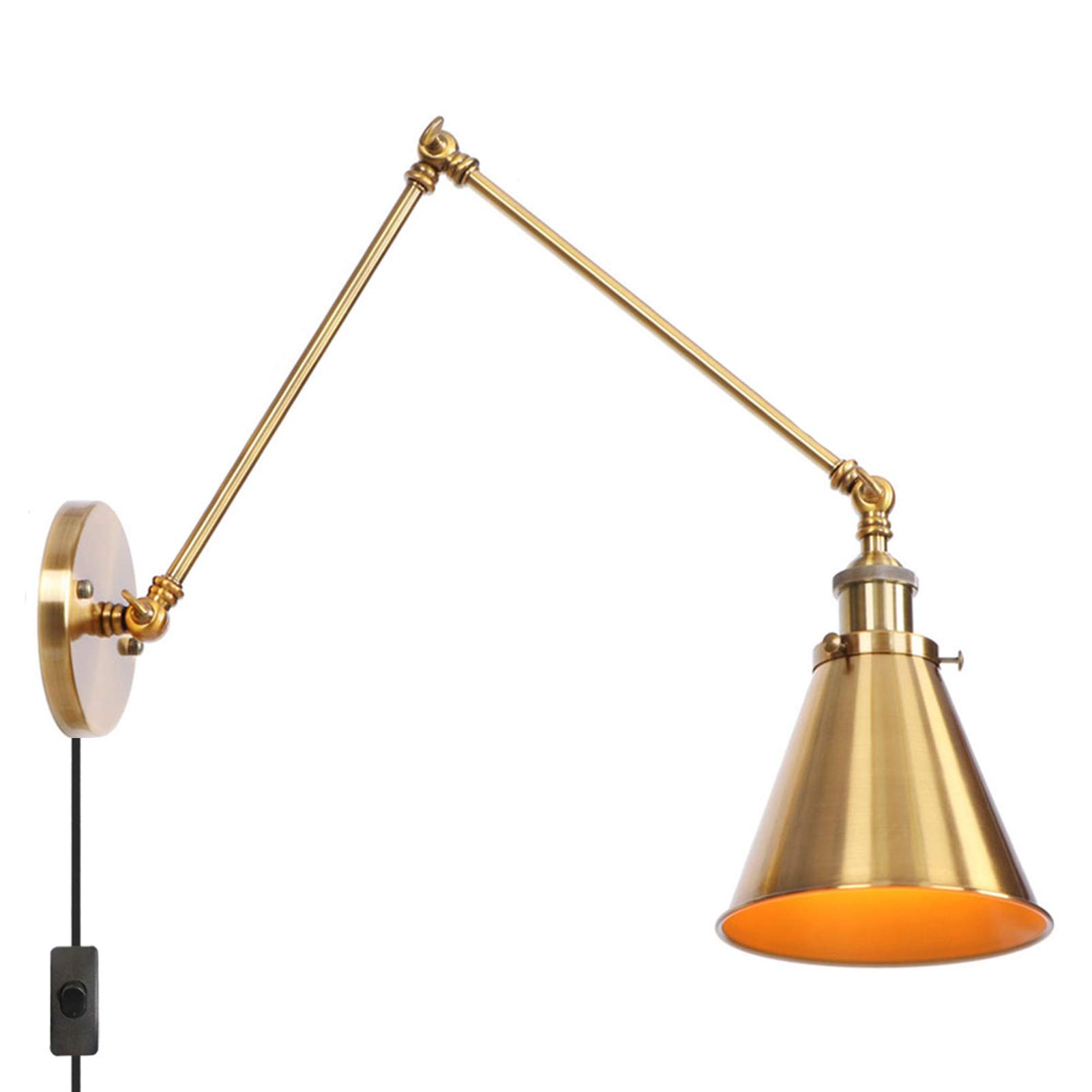Vintage Adjustable Swing Arm Wall Lamp - Foldable Gold Plug-in or Hardwired Industrial Wall Sconce with On/Off Switch | Reading Light for Bedroom, Living Room & Office