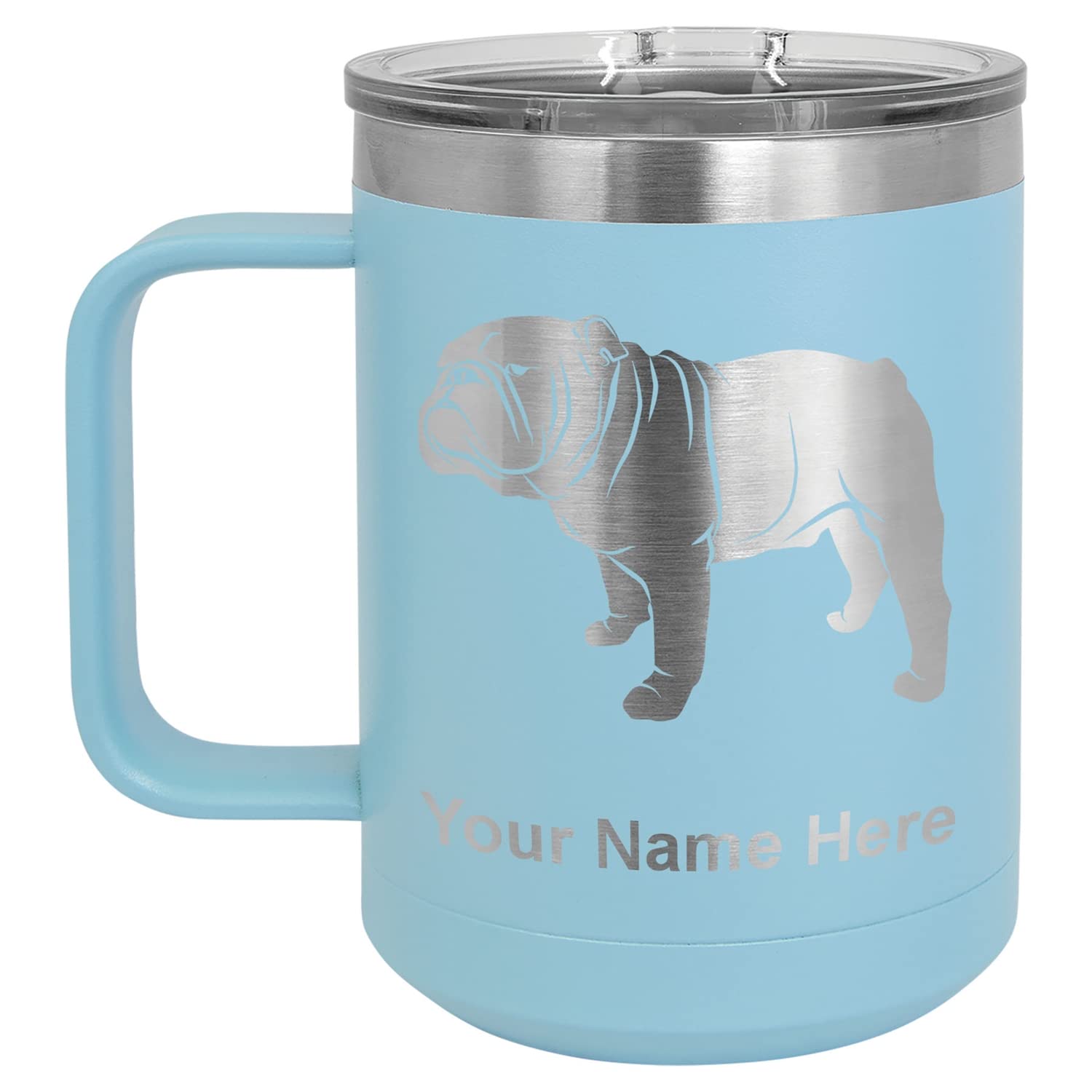 LaserGram 15oz Vacuum Insulated Stainless Steel Coffee Mug with Bulldog Design - Personalized Engraved Travel Tumbler for Hot & Cold Drinks, Leakproof Lid (Light Blue) - Perfect for Office, Commuting & Outdoor Activities