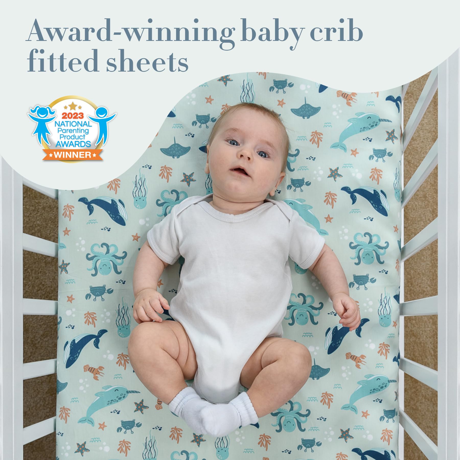 100% Cotton Baby Crib Sheets for Boys & Girls - 2 Pack Nautical Ocean Star Print Crib Bedding Set, Soft Teal & White Nursery Sheets for Infant Bassinet or Toddler Crib | Perfect for Coastal Nursery Decor, Baby Shower Gifts & Newborn Essentials
