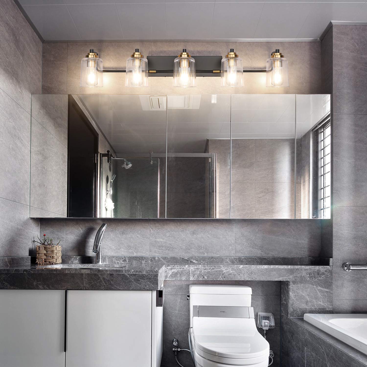 SOLFART 7600-2 & 7600-6 Vintage Vanity Light Fixtures Set - Black & Brass Bathroom Sconce Lighting (Bulbs Not Included) | Perfect for Vintage-Style Bathroom, Powder Room & Dressing Area Makeovers