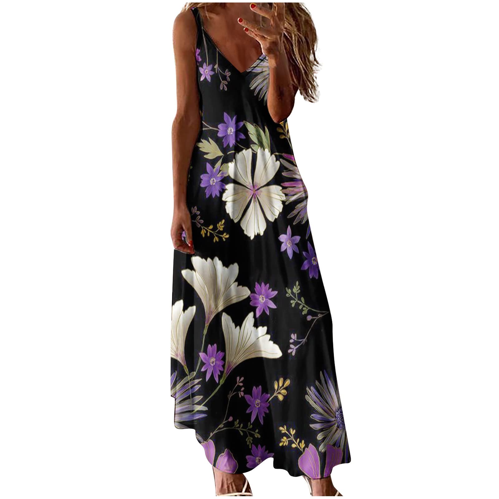 Women's Cute V-Neck Sleeveless Maxi Dress - Summer Beach Sundress, Casual Loose Flowy Dress for Vacation, Party & Outdoor Activities