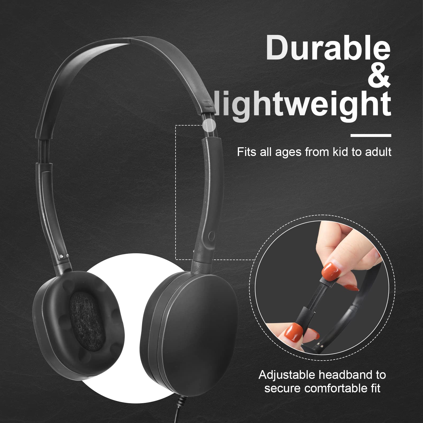 Flutesan 30 Pack Wired On-Ear Headphones - Adjustable Stereo Headphones for Kids, Boys & Girls - Lightweight Children's Earbuds for School, Travel, Airplane, Laptop & Tablet Use - Ideal for Online Classes & Entertainment (Black)