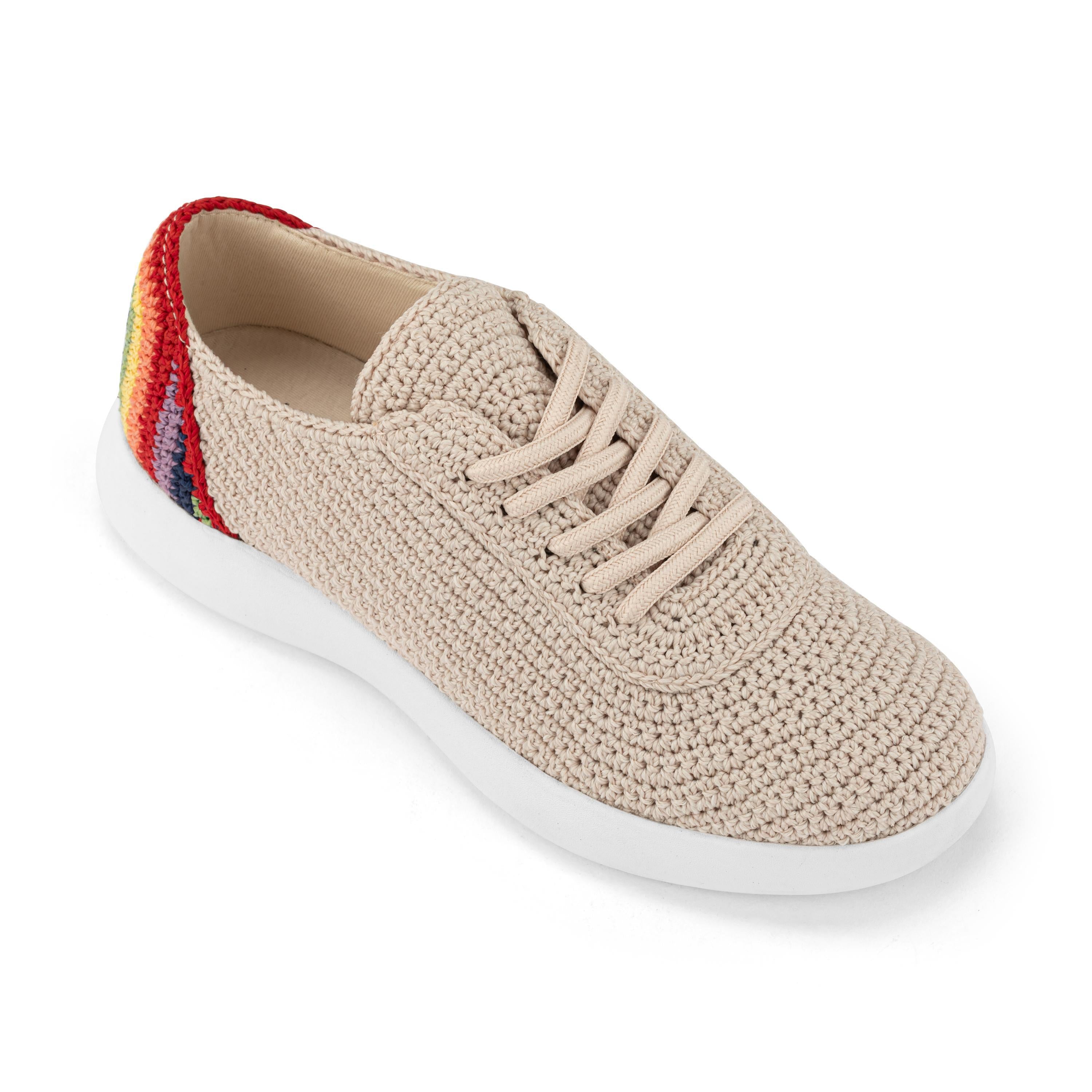 Handmade Crochet Asha Sneakers - Rainbow & Ecru Color - Comfortable Bohemian Style Shoes for Women | Perfect for Casual Wear, Festivals, and Summer Outfits