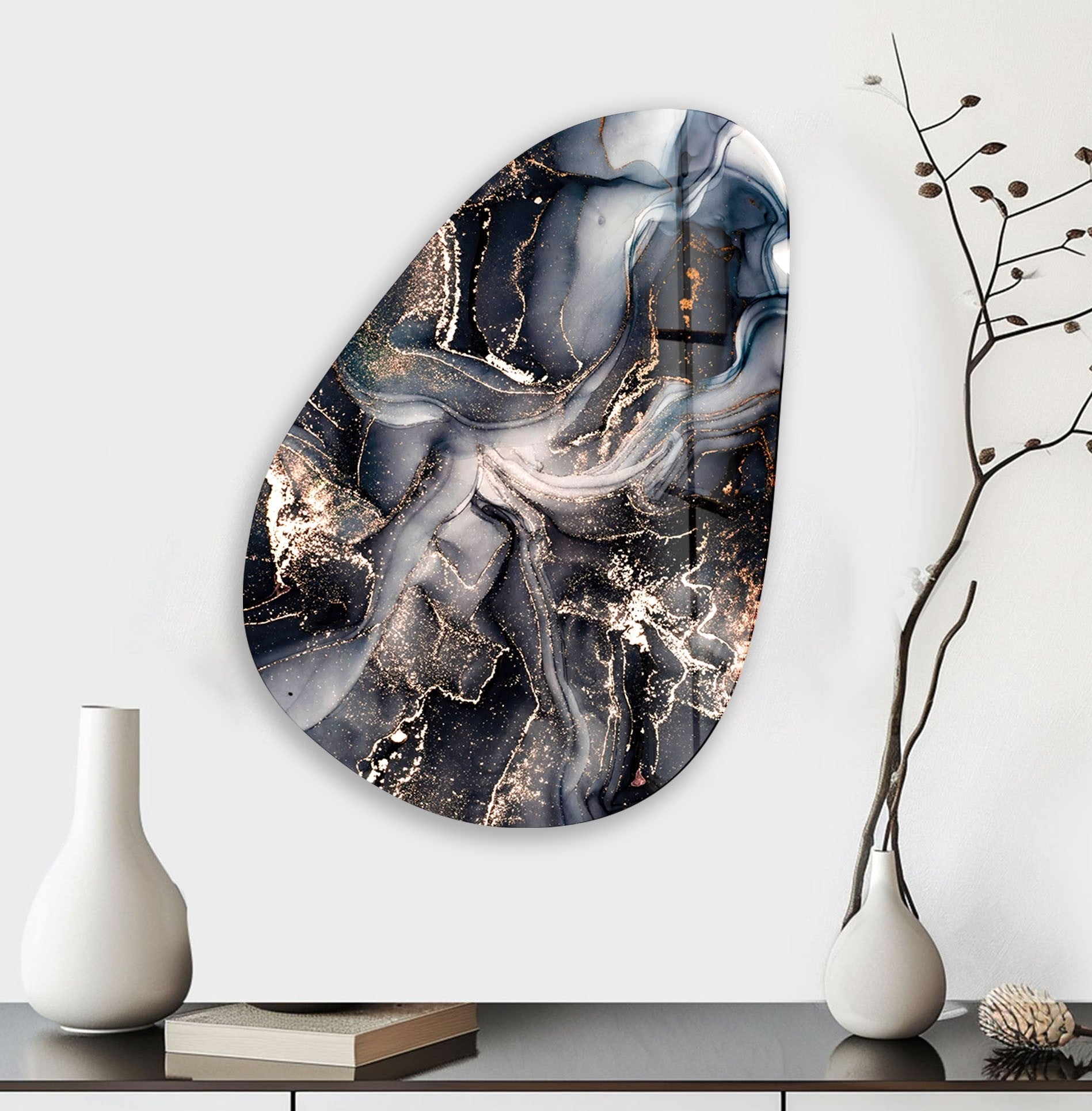 Asymmetrical Oval Black Grey Marble Glass Wall Art - Modern Abstract Home Decor for Living Room, Bedroom & Office