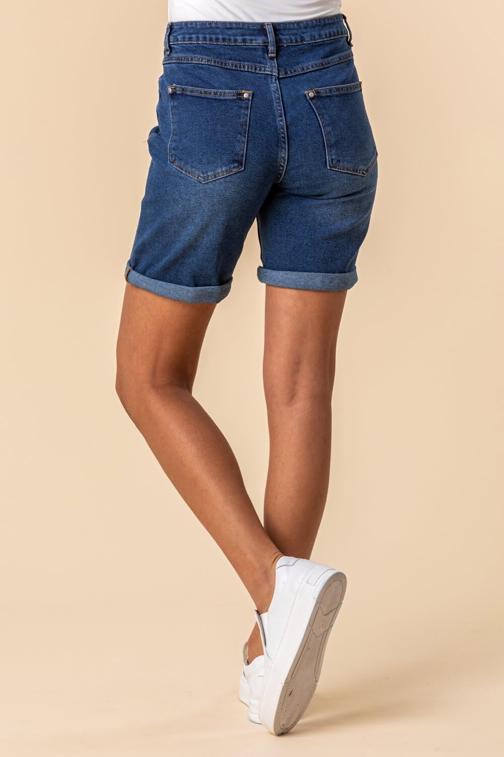 Roman Originals Women's High Waisted Denim Shorts with Pockets - Stretchy Cotton Mom Jeans Boyfriend Style, Frayed Hem Casual Skinny Pants for Summer Vacation, Beach, and Everyday Wear