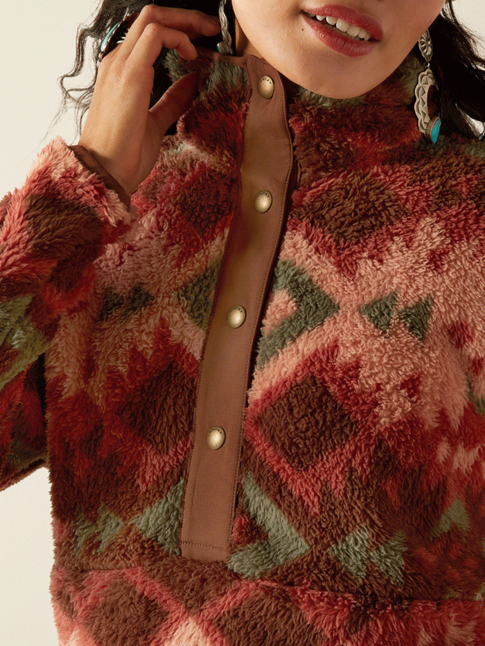 Ariat Women's Berber Snap Front Sweatshirt - Plainsview Print in Rust | Cozy Pullover for Casual Wear, Outdoor Activities & Western Fashion