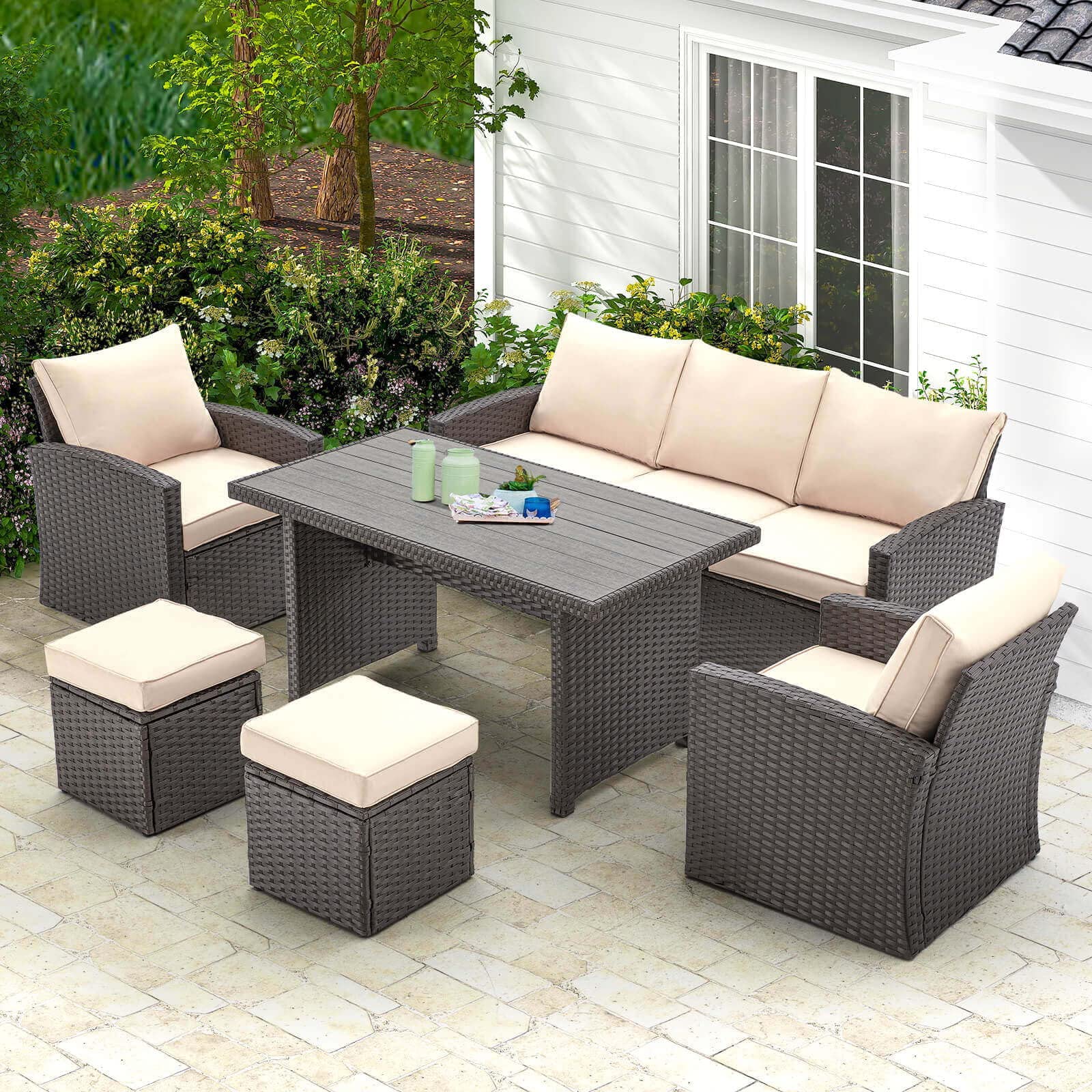 HOMREST 6-Piece Outdoor Patio Furniture Set - All-Weather Wicker Rattan Sectional Sofa with Dining Table & Chairs (Beige) - Perfect for Backyard, Garden, Poolside, Patio & Deck - Ideal for Outdoor Entertaining, Lounging & Dining Al Fresco - Great for Summer BBQs, Family Gatherings & Relaxing in the Sunshine - Durable & Stylish Outdoor Furniture for Pool Parties, Garden Tea Time & Sunset Cocktails