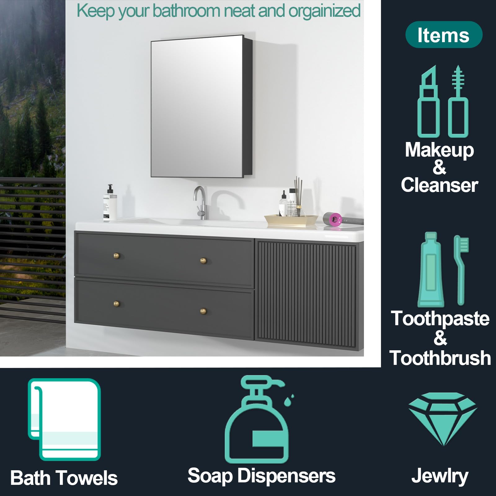 16x22 Inch Farmhouse Black Bathroom Medicine Cabinet with Mirror - Pre-Assembled Single Door Recessed/Surface Mount Aluminum Bathroom Storage - Modern Vanity Mirror for Bathroom, Powder Room & Bedroom Organization