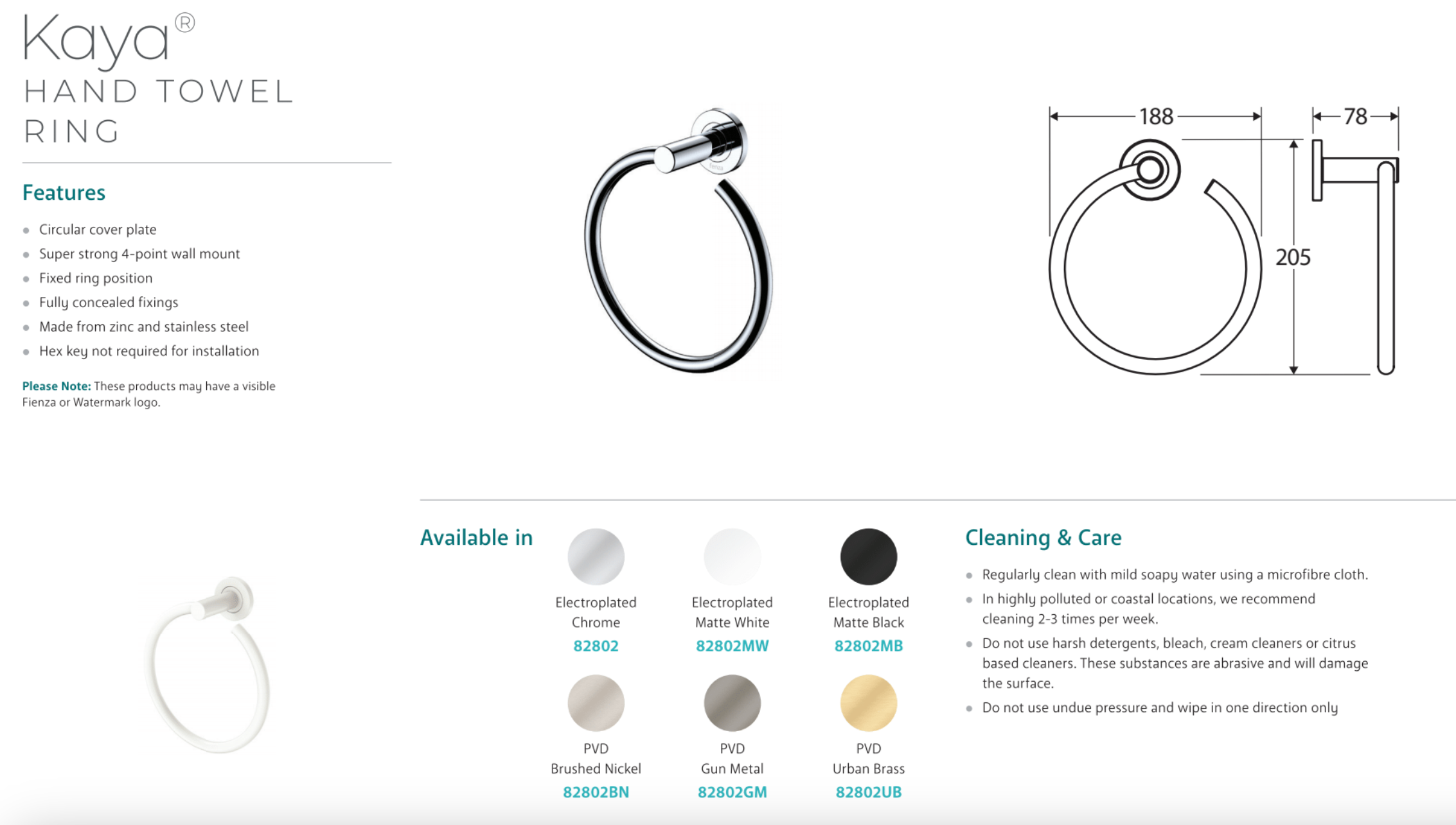 Fienza 82802MW Kaya Hand Towel Ring, Matte White - Modern Bathroom Towel Holder for Kitchen & Powder Room Decor