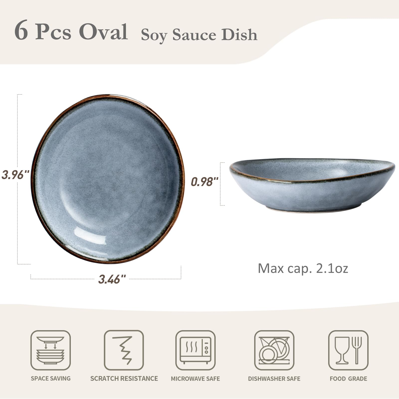 Famiware 6-Piece Ceramic Soy Sauce Dishes Set, 2.1oz Oval Dipping Bowls for Sushi, Appetizers, Snacks - Reactive Glaze, Dishwasher Safe, Blue - Perfect for Japanese Restaurants, Home Kitchens & Party Serving