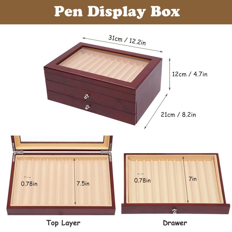 3 Layer Wooden Pen Display Box - 34 Slot Fountain Pen Organizer with Glass Window - Perfect for Collectors & Enthusiasts - Great Thanksgiving & Christmas Gift (Red) - Ideal for Home, Office & Gift Giving