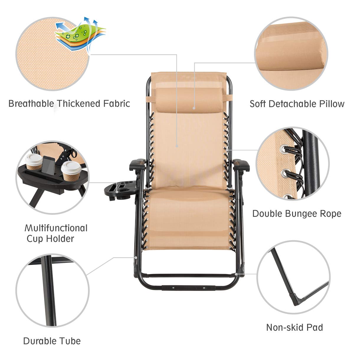 SAFSTAR Zero Gravity Chair - Heavy Duty 500lbs Capacity Oversized Outdoor Lounge Chair with Cup Holder & Detachable Pillow, Foldable Patio Recliner for Backyard, Poolside, Beach, Camping - Comfortable Relaxation for Adults (Beige)