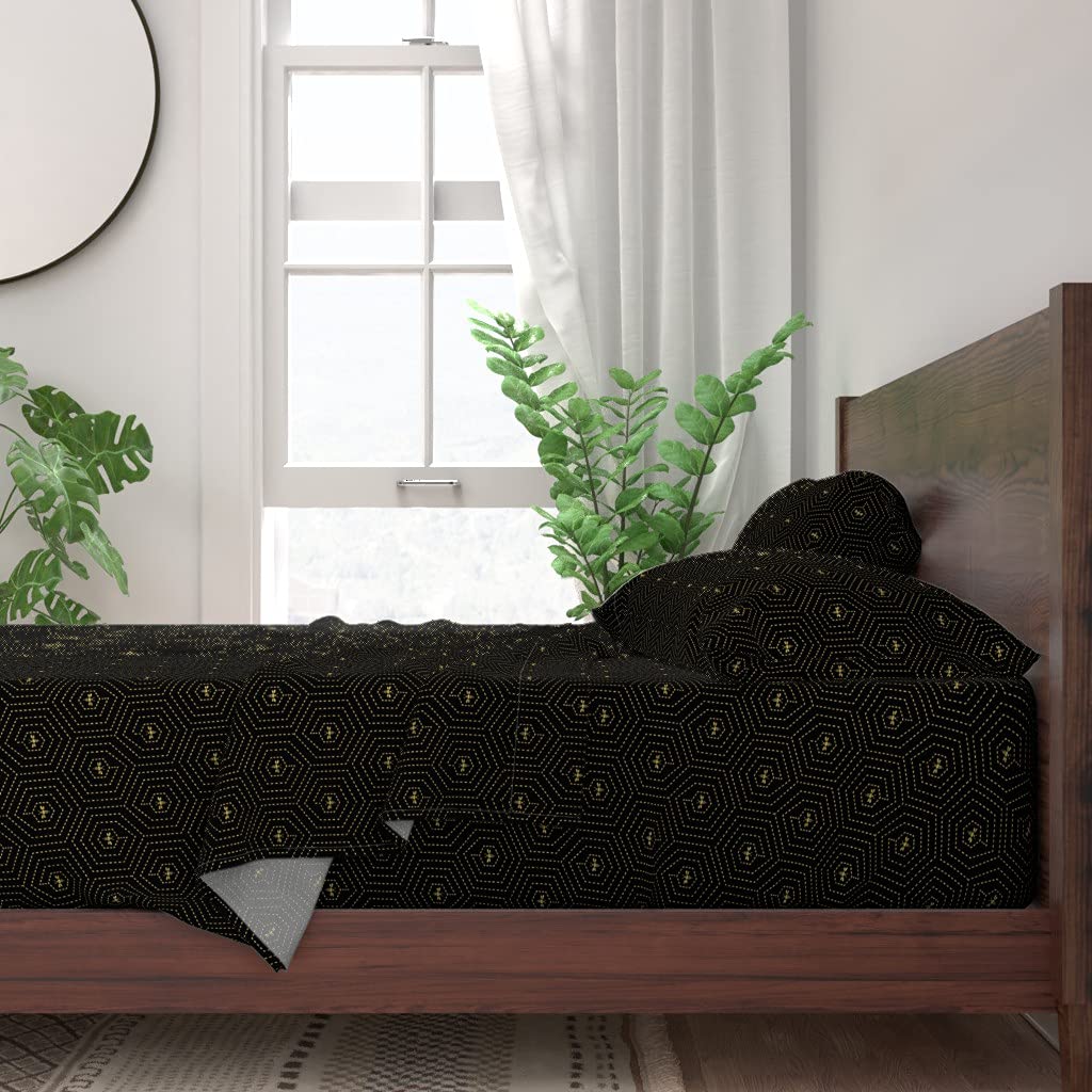 Premium 100% Cotton Twin Sheet Set - 3pc Gold Black Bees & Geometric Hexagon Honeycomb Print Bedding | Soft Breathable Sheets for Kids & Adults | Perfect for Guest Rooms, Dorm Rooms & Cozy Bedrooms