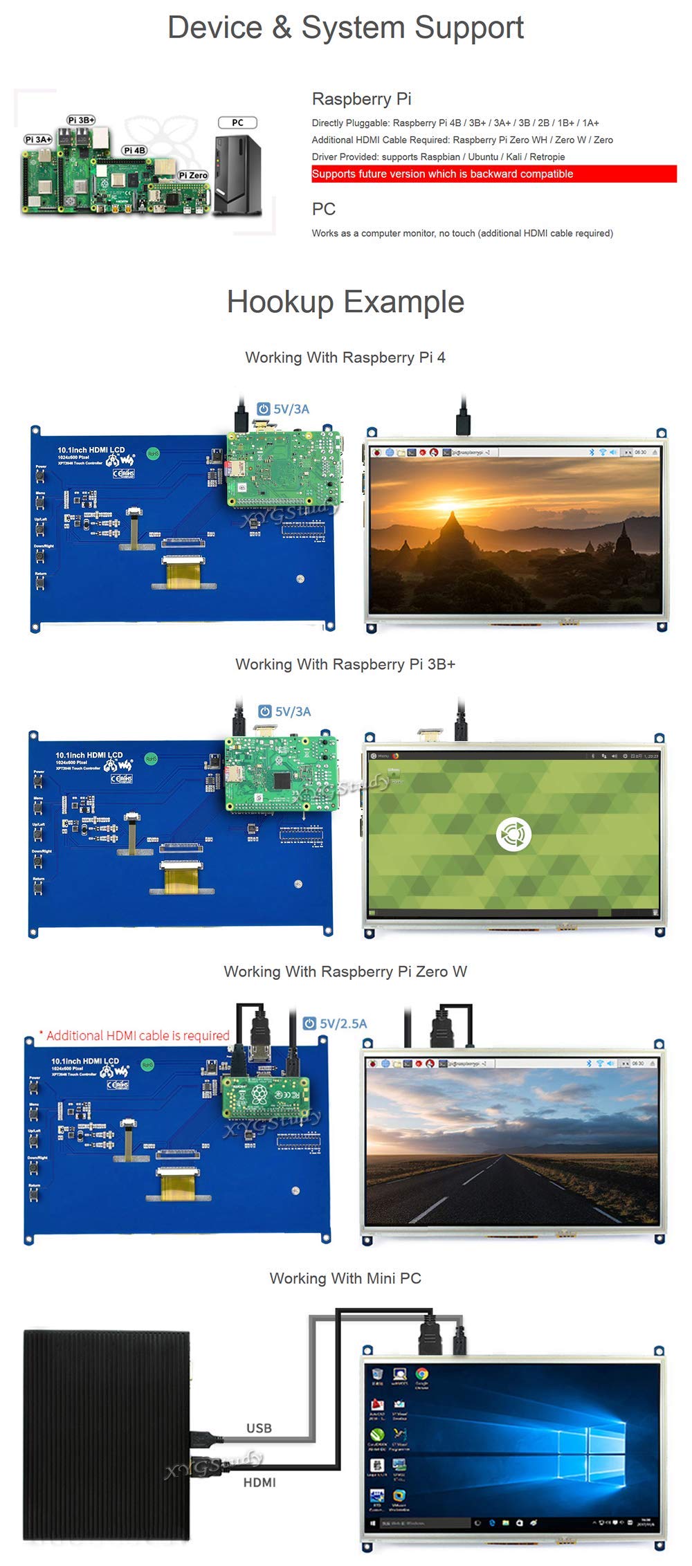 10.1 Inch 1024×600 Resistive Touch Screen Monitor with HDMI Interface - Compatible with Raspberry Pi 4/3/2 Model B/B+, Supports Raspbian & Ubuntu - Perfect for DIY Projects, Home Automation, and Embedded Systems