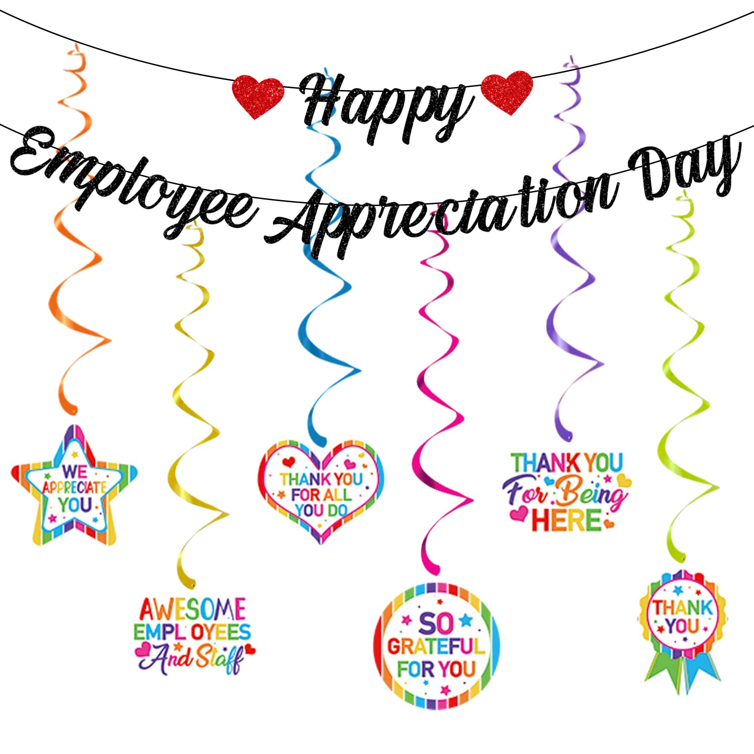 Black Glitter Happy Employee Appreciation Day Banner - Staff Thank You Garland & Swirl Decorations for Office Party, Workplace Celebration - Perfect for Corporate Events, Team Recognition & Employee Awards Ceremony