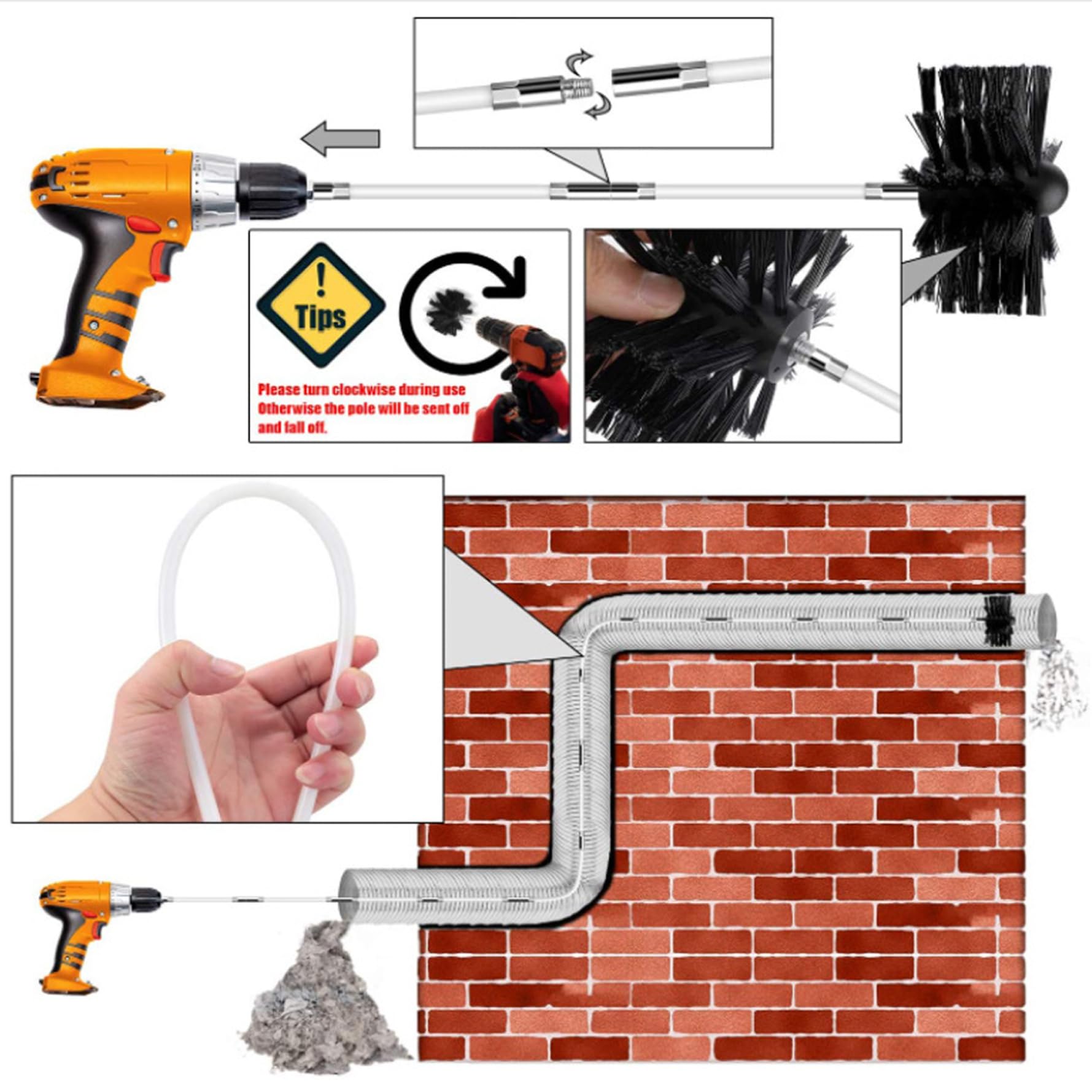 14-Piece Dryer Vent Cleaning Kit with 16-inch Bendable Brush & 4-inch Quick Connect Head - Chimney Sweep & Lint Removal Tool for Efficient Home Maintenance (Ideal for Dryer, HVAC, and Chimney Cleaning)