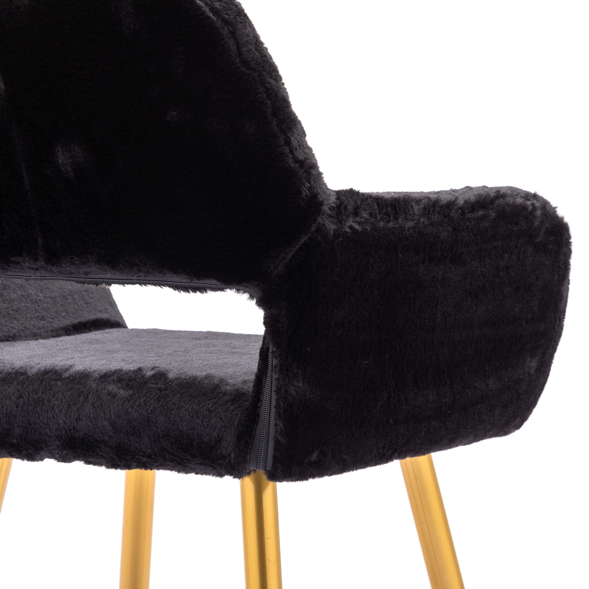 KCC Furry Desk Chair - Mid-Century Modern Faux Fur Accent Chair for Teen Girls & Women, Comfortable Armchair with Wood-Look Metal Legs for Living Room, Dining Room, Home Office, Vanity Makeup Desk - No Wheels, Black - Perfect for Cozy Reading Nooks & Stylish Workspaces