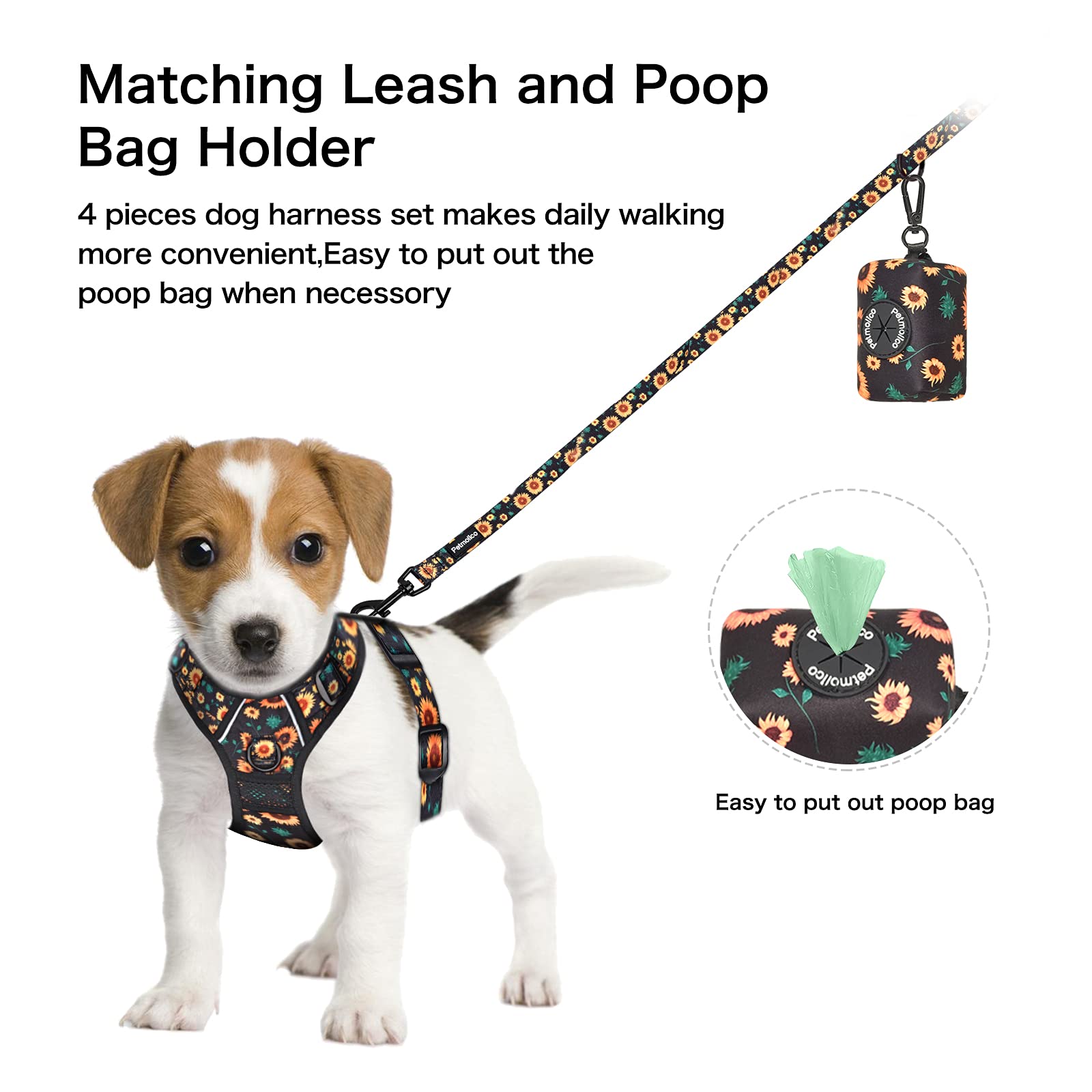 Petmolico No Pull Dog Harness Set with Leash - Reflective Adjustable Vest for Small Dogs & Puppies, Easy Control Handle & Poop Bag Holder - Sunflower Pattern - Perfect for Walking, Training & Outdoor Adventures