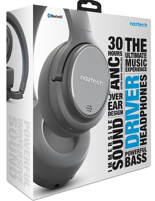 Naztech DRIVER ANC1000 Active Noise Cancelling Wireless Bluetooth Headphones - Premium Sound, Comfort Fit, 30H Battery (Black/White) | Perfect for Travel, Work & Gym