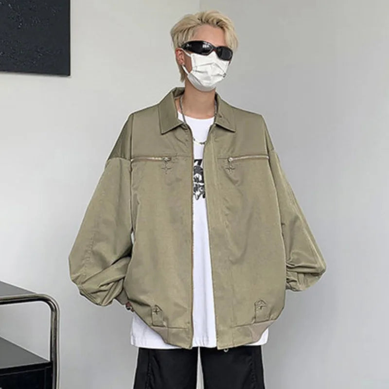 American Style Men's Casual Zip-Up Jacket with Lapel Design - Loose Fit Solid Color Outerwear for Everyday Wear | Perfect for Work, Travel & Outdoor Activities