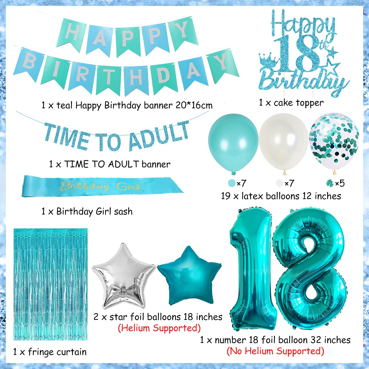 18th Birthday Decorations for Girls - Teal & Turquoise Party Supplies Set with Banner, Cake Topper, Fringe Curtain, Sash & Balloons | Perfect for Eighteenth Birthday Celebrations, Sweet 16 Parties & Adulting Theme Events