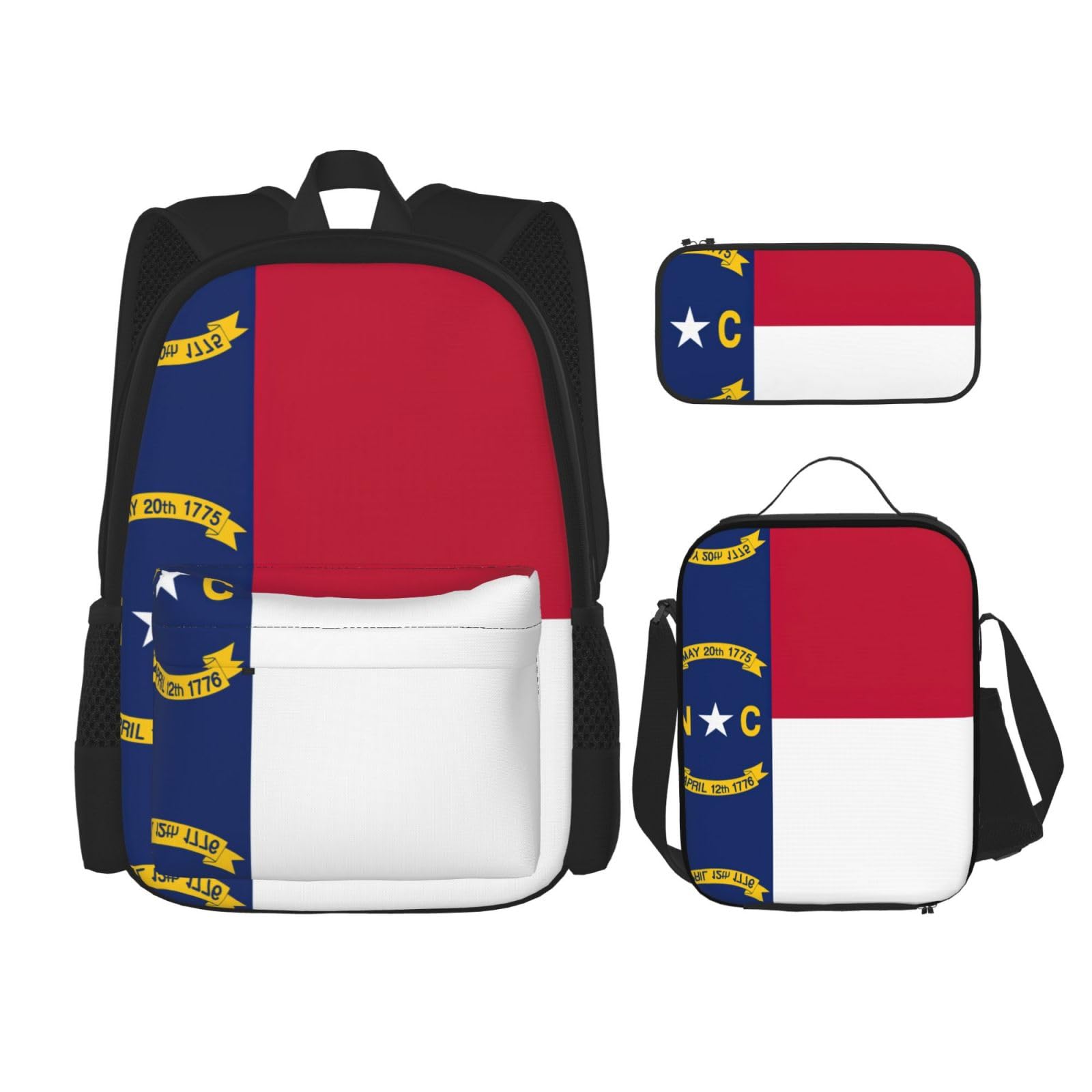 North Carolina State Flag Backpack Set - Large Capacity Bookbag with Lunch Bag & Pencil Case for School, College, Travel | Durable Backpack for Students, Teachers, Outdoor Activities