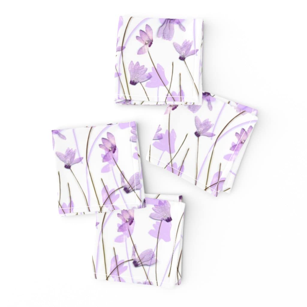 Premium Linen Cotton Canvas Cocktail Napkins Set of 4 - Floral Botanical Garden Print with Purple Flowers | Elegant Table Setting for Women, Girls, Bridal Showers & Tea Parties
