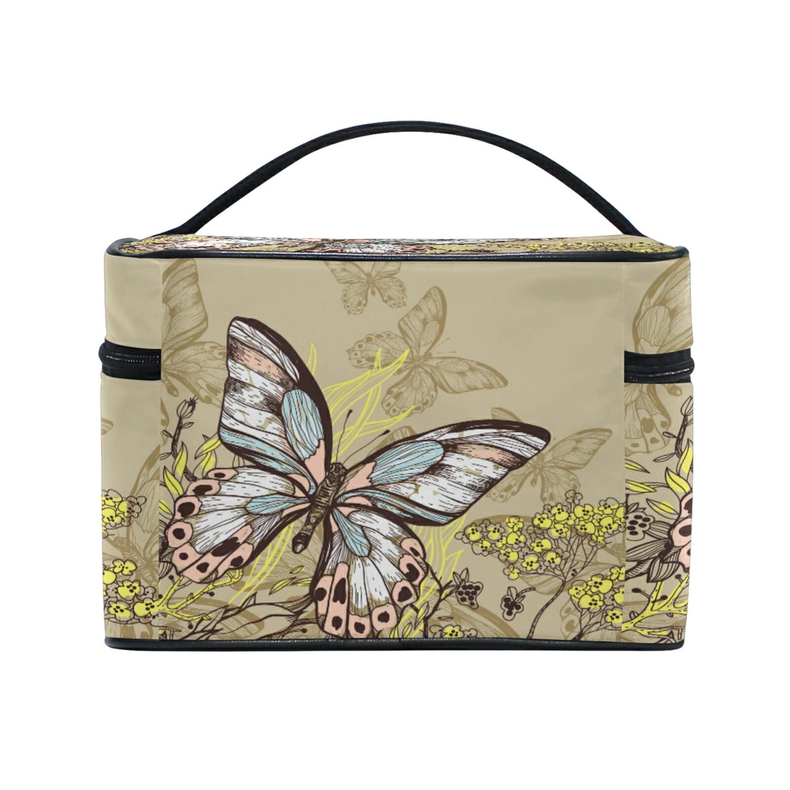 Butterfly Floral Cosmetic Bag with Handle - Waterproof Makeup Organizer for Travel, Gym & Daily Use - Portable Toiletry Storage Pouch for Women & Girls
