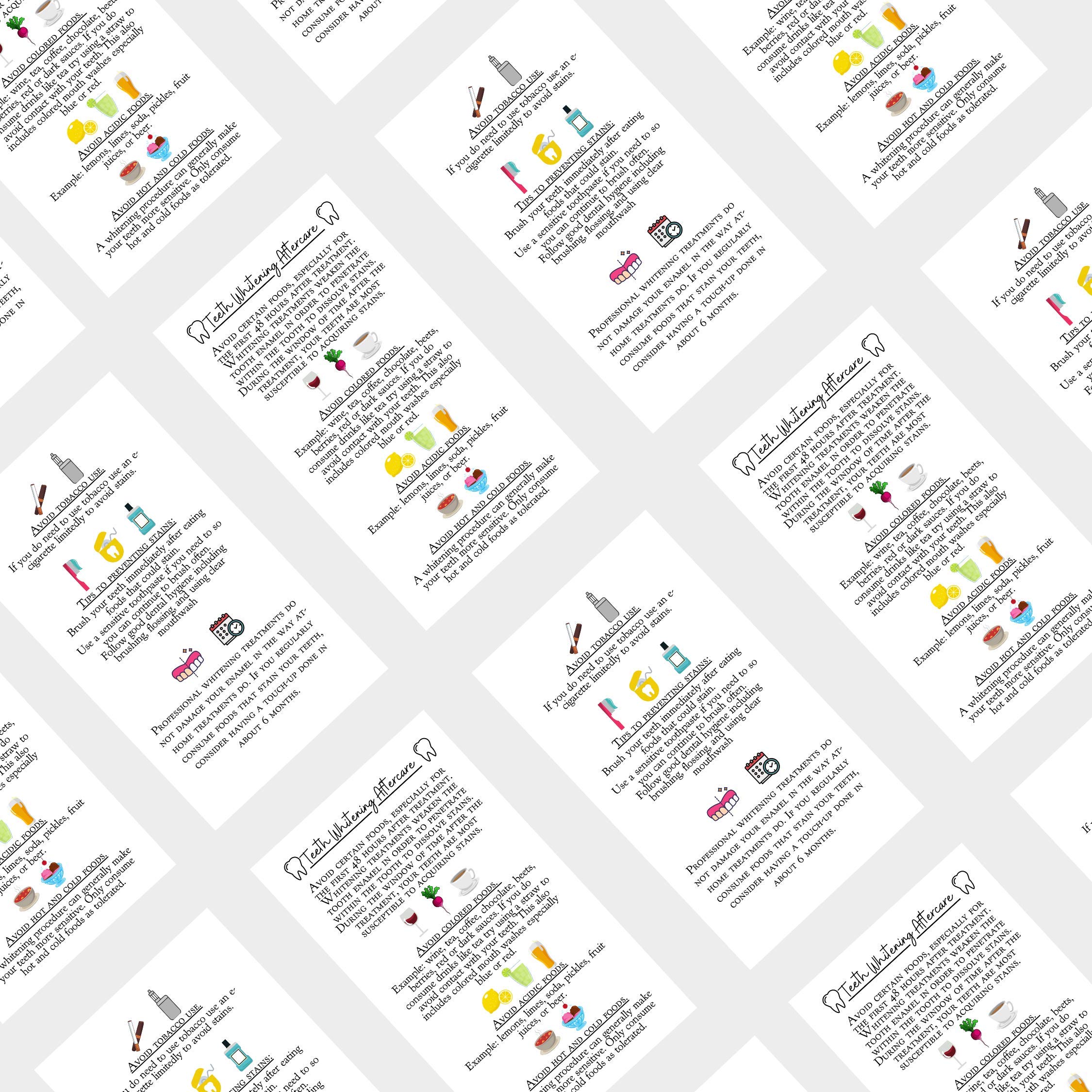 50 Pack Professional Teeth Whitening Aftercare Instruction Cards | Double-Sided 2x3.5 Inch Business Size | Wallet-Friendly Dental Care Reminder Cards with Color Icons | Perfect for Dentists, Hygienists & Whitening Kits