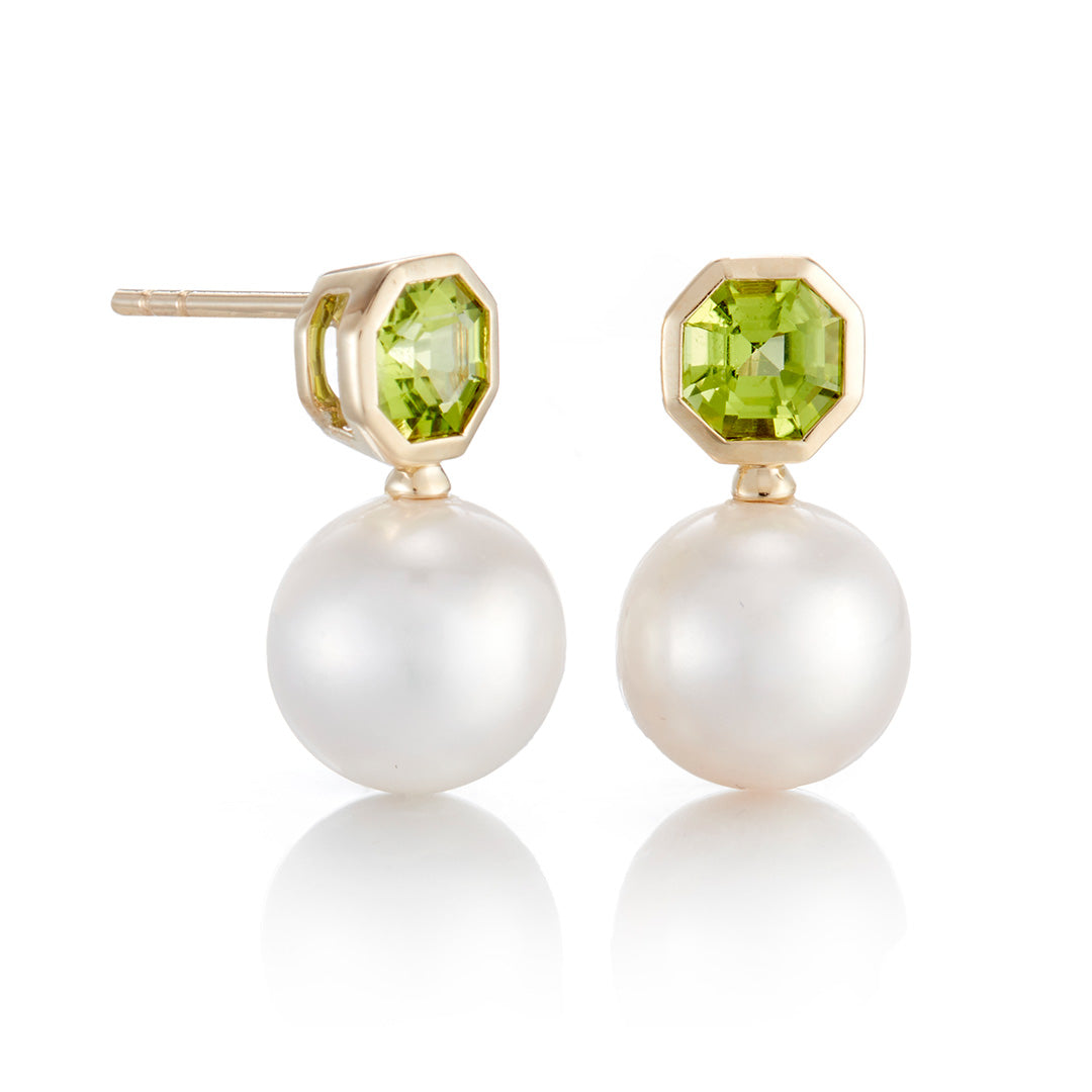 Octagonal Peridot & Pearl Drop Earrings for Women - Elegant Dangle Jewelry for Wedding, Party & Special Occasions