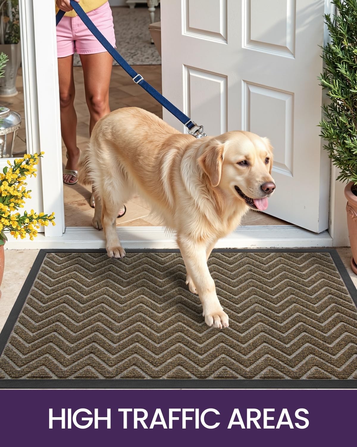 DEXI Heavy Duty Rubber Backed Doormat for Front Door - 4x2 Feet, Stain & Fade Resistant, Low-Profile Easy Clean Entryway Floor Mat in Chevron Dark Brown - Perfect for Outdoor/Indoor Use at Home, Office, or Apartment Entrance