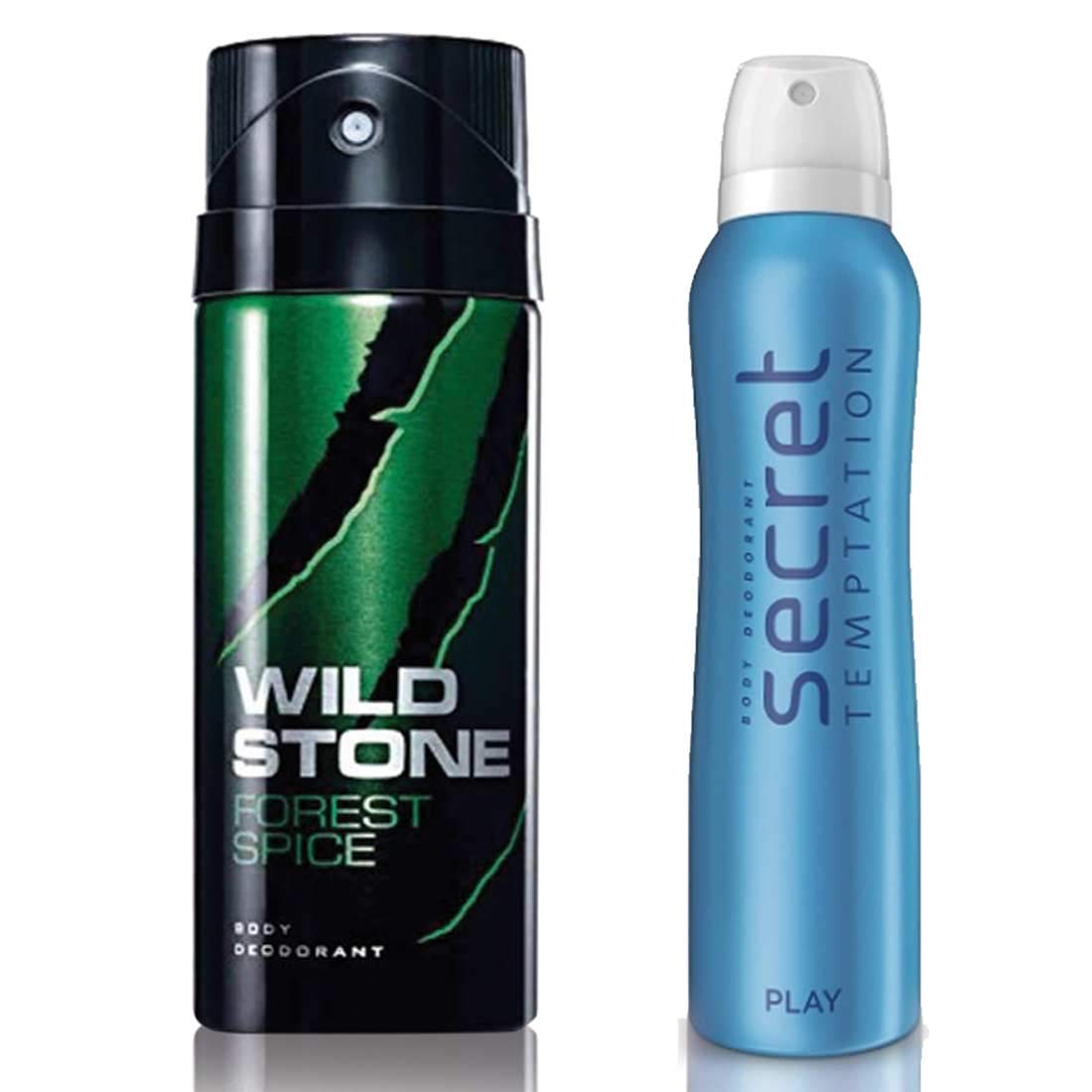 **Secret Temptation & Wild Stone Play Deodorant for Women, Wild Stone Forest Spice Deodorant for Men – 150ml Each, Pack of 2 – Long-Lasting Freshness for Gym, Work & Daily Use**